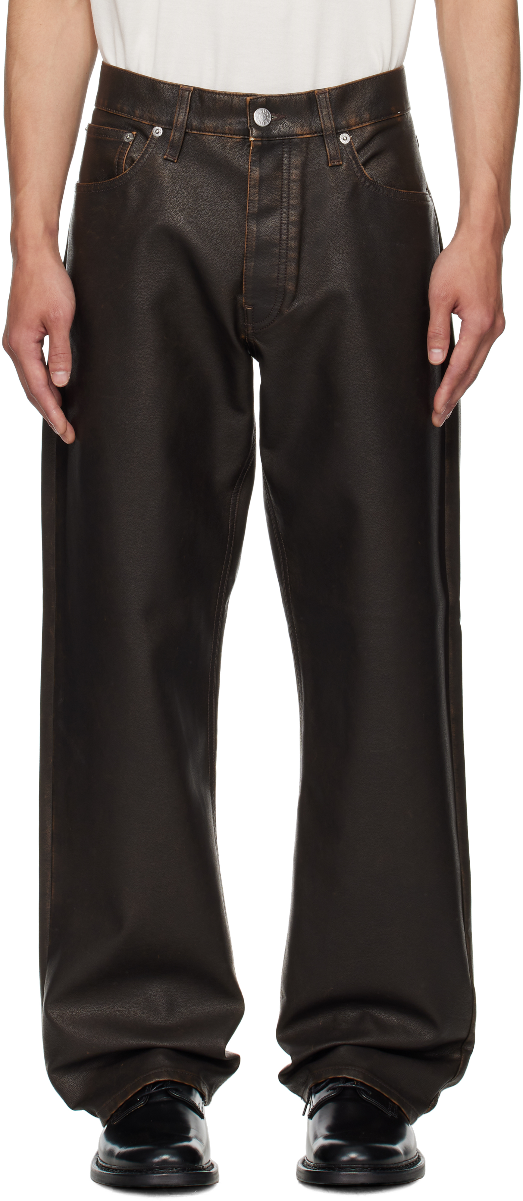 Brown Loose Faux-Leather Trousers