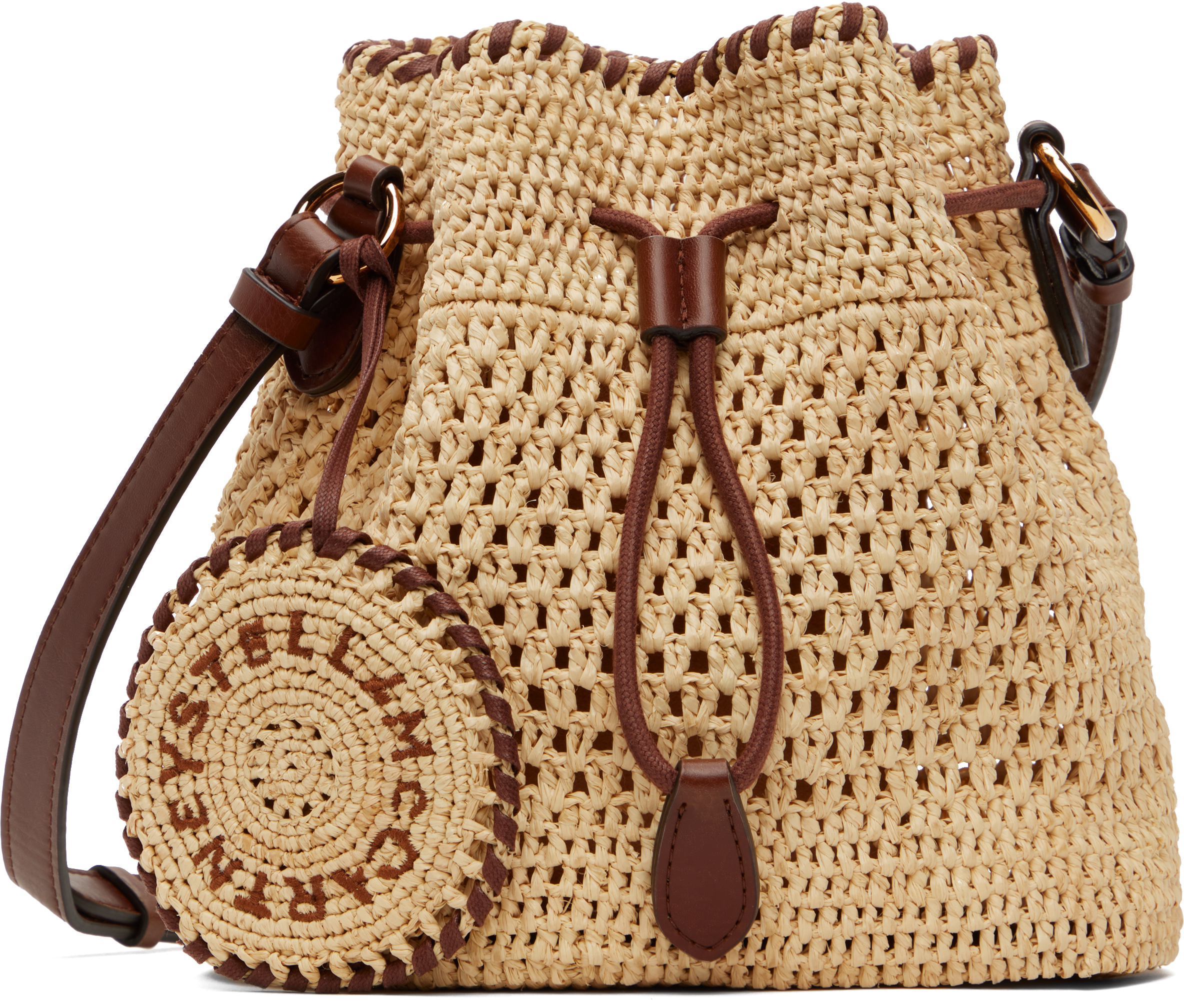 Beige Falabella Raffia Crochet Bucket Bag