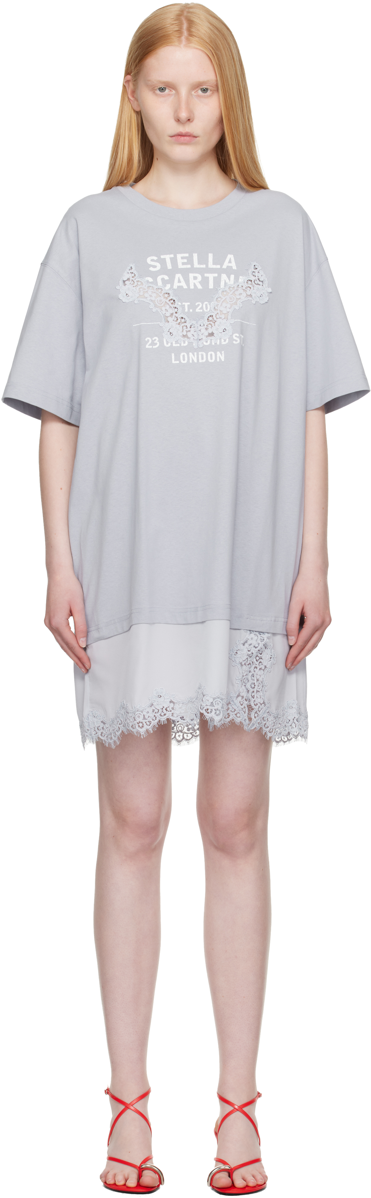 Shop Stella Mccartney Blue Lace-insert Graphic T-shirt Minidress
