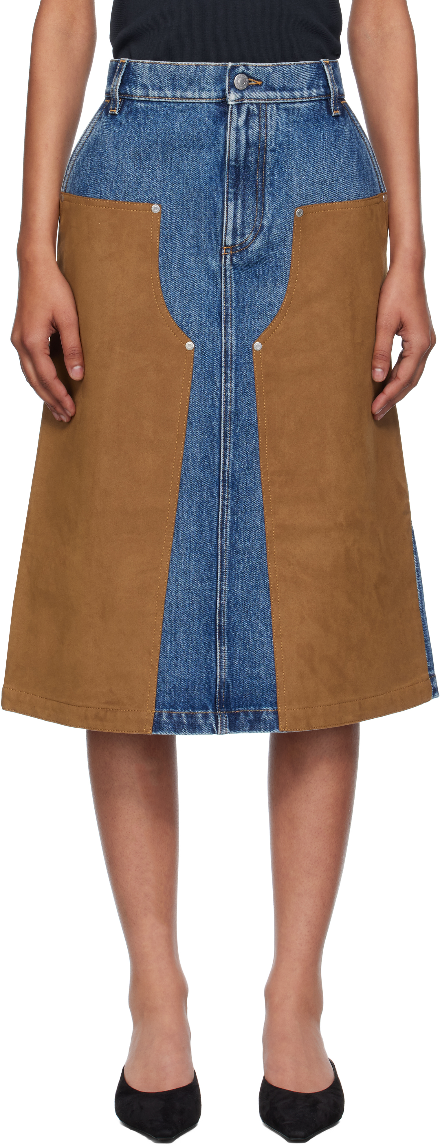 Blue & Tan Mixed Denim & Faux-Suede Midi Skirt