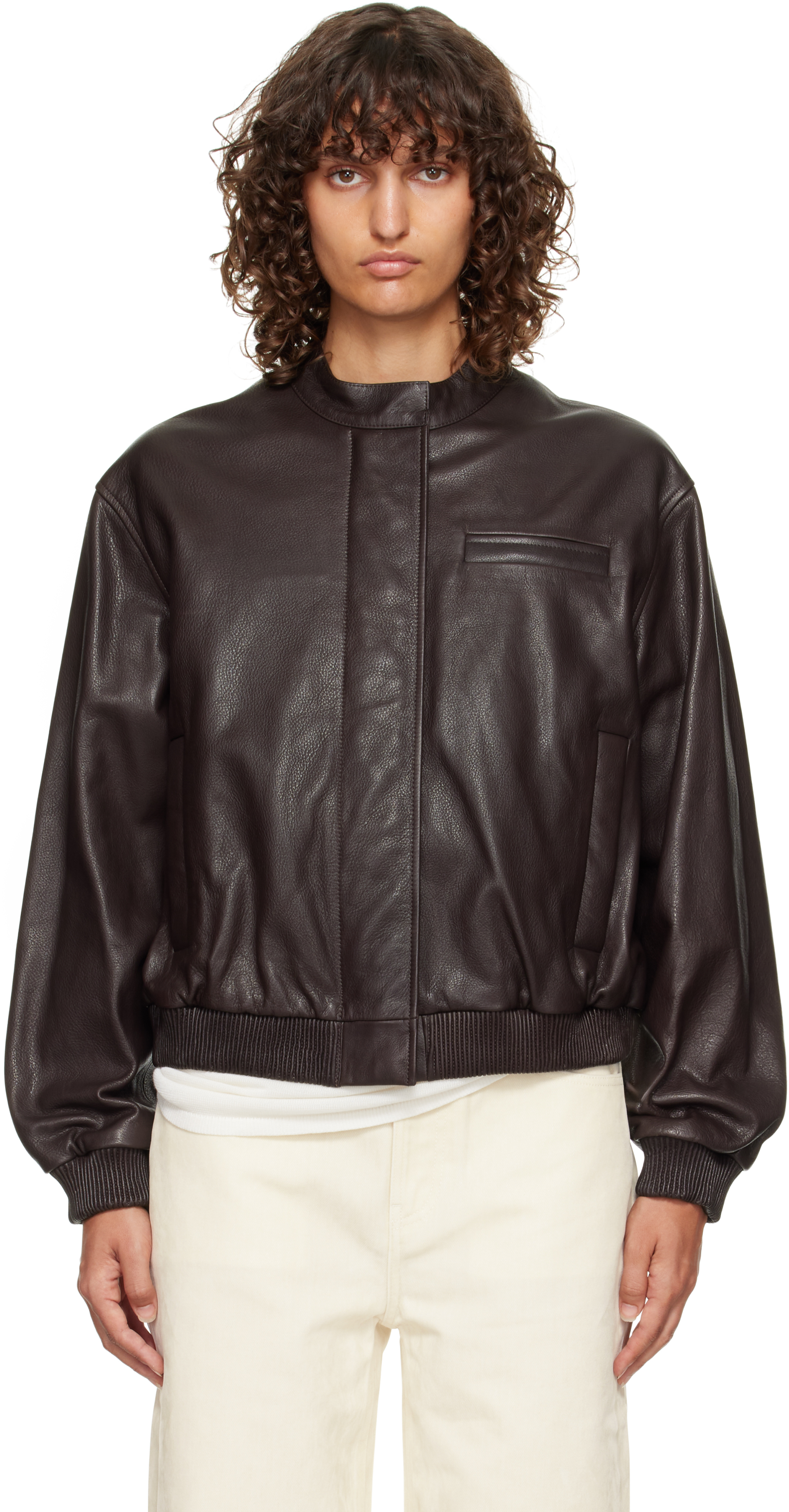 Loulou de Saison: Brown Marlow Leather Bomber Jacket | SSENSE