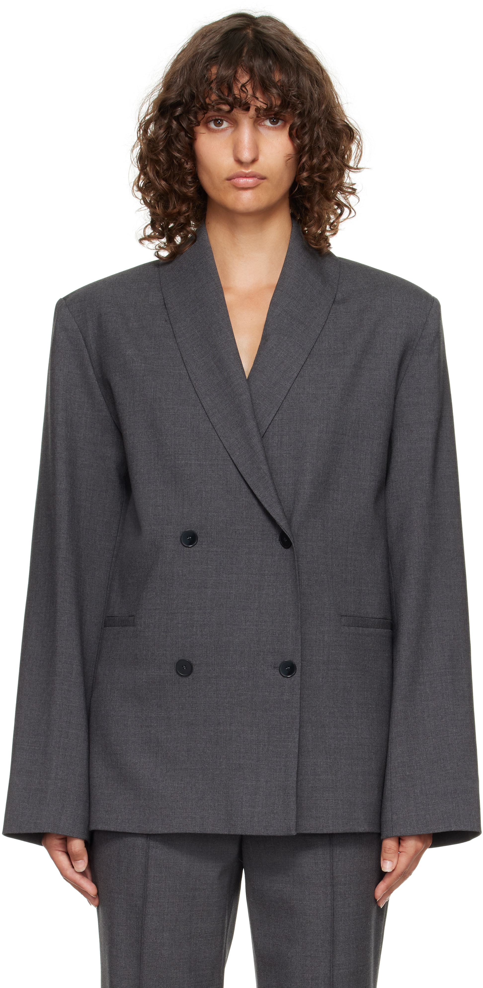 Loulou De Saison Sancia Double Breasted Stretch Virgin Wool Blazer In Gray