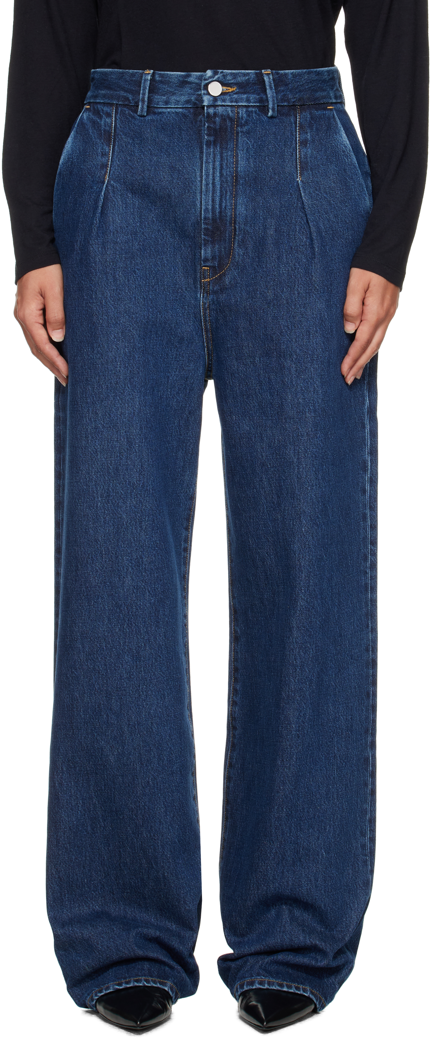 Loulou De Saison Pleated Straight Leg Jeans In Blue