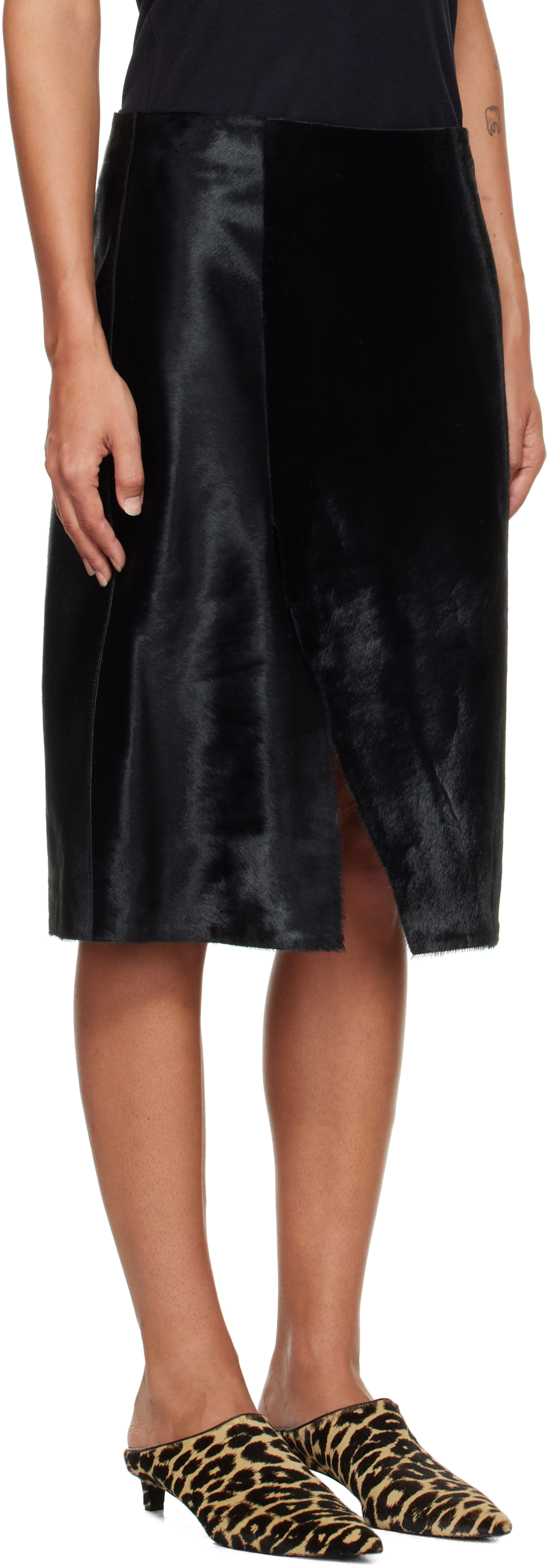 Loulou De Saison Black Myra Asymmetrical Pony-effect Leather Midi Skirt In Black