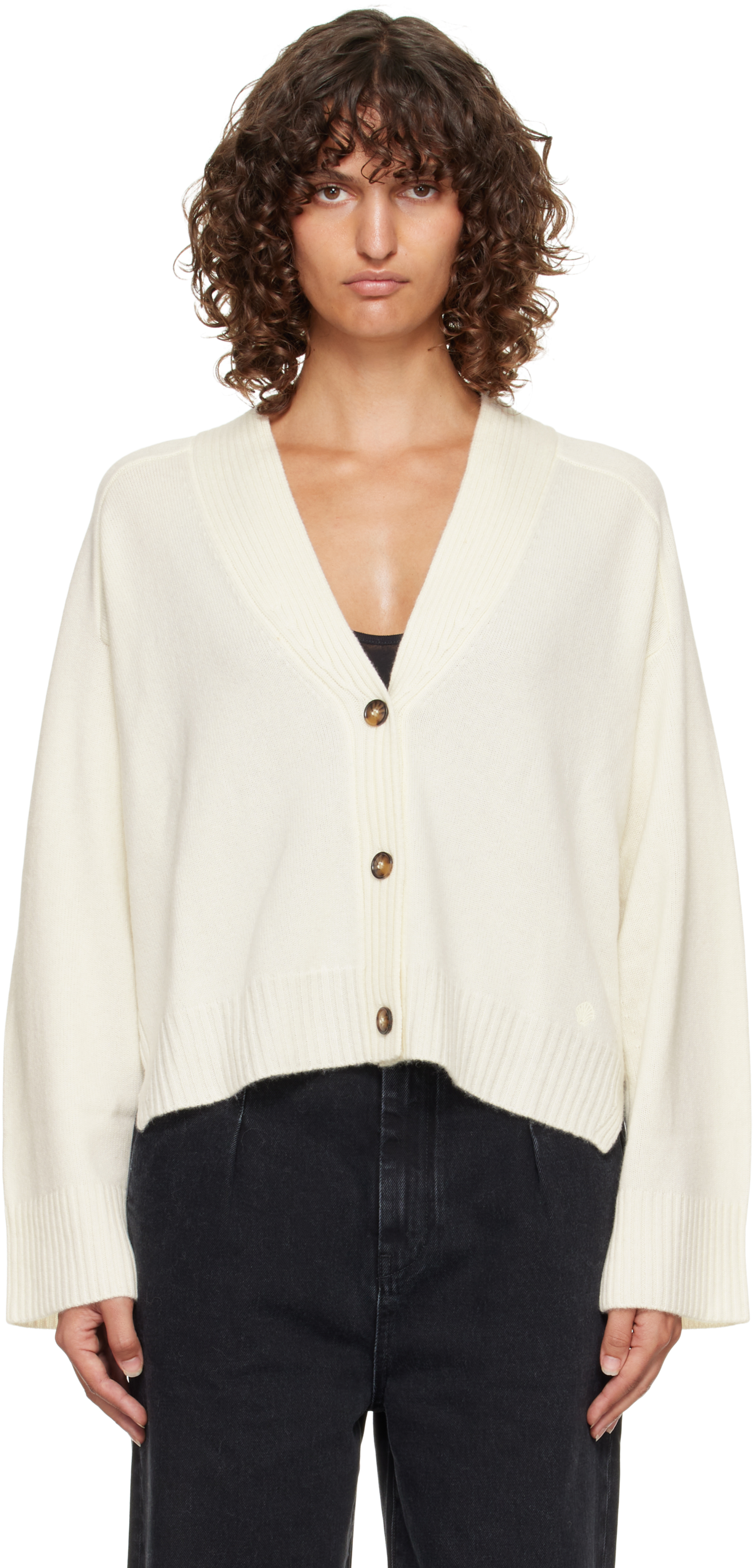 Loulou De Saison Off-white Kaia Lds Ribbed Neckline Cardigan In White