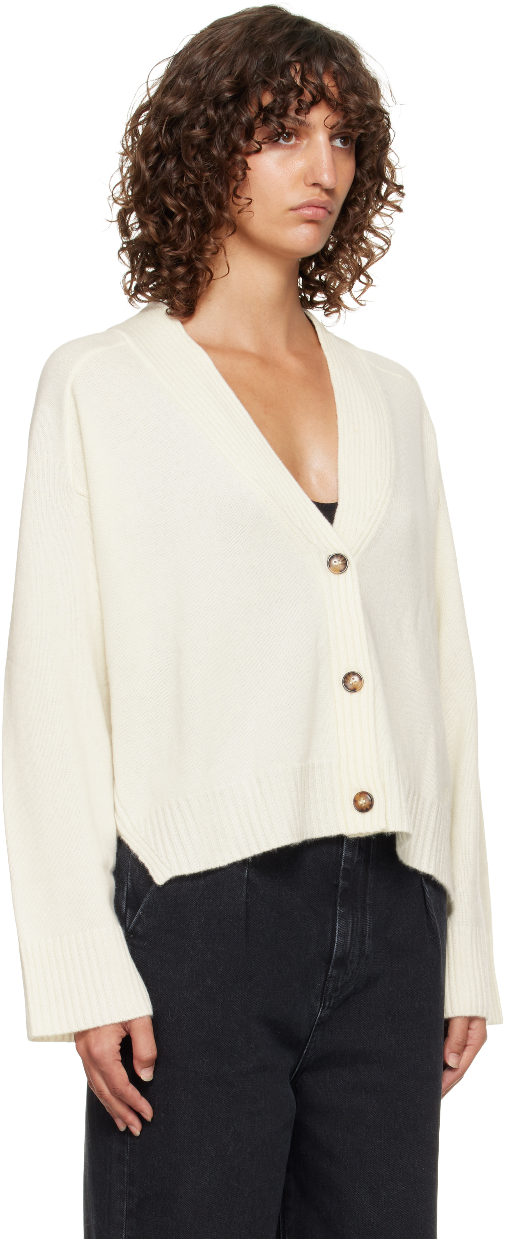 Loulou De Saison Off-white Kaia Lds Ribbed Neckline Cardigan In White