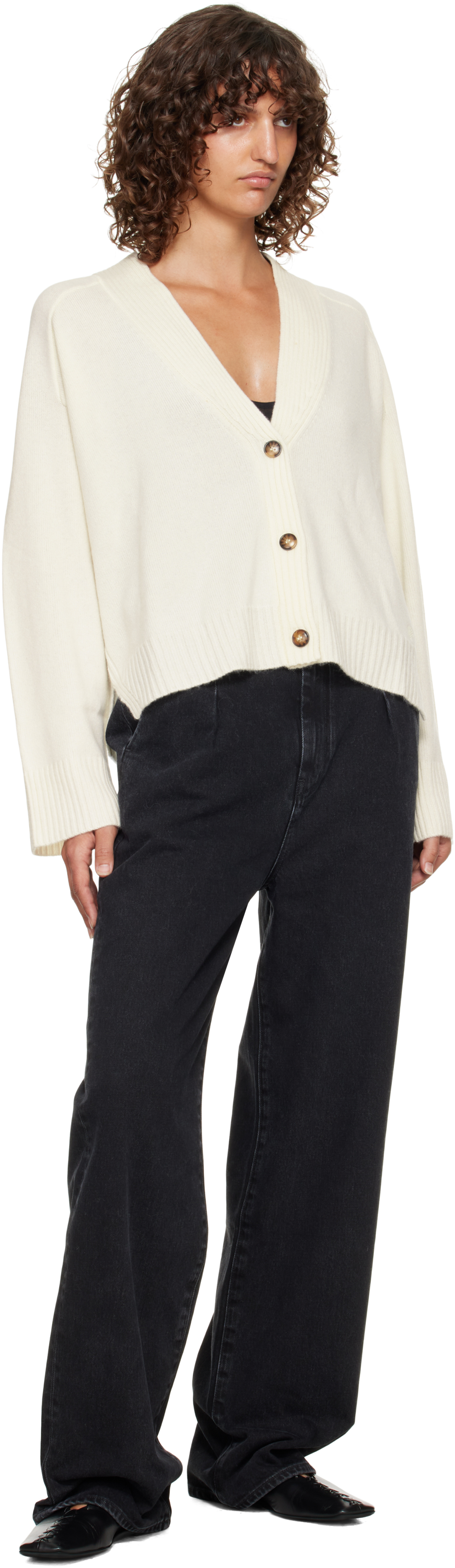 Loulou De Saison Off-white Kaia Lds Ribbed Neckline Cardigan In White