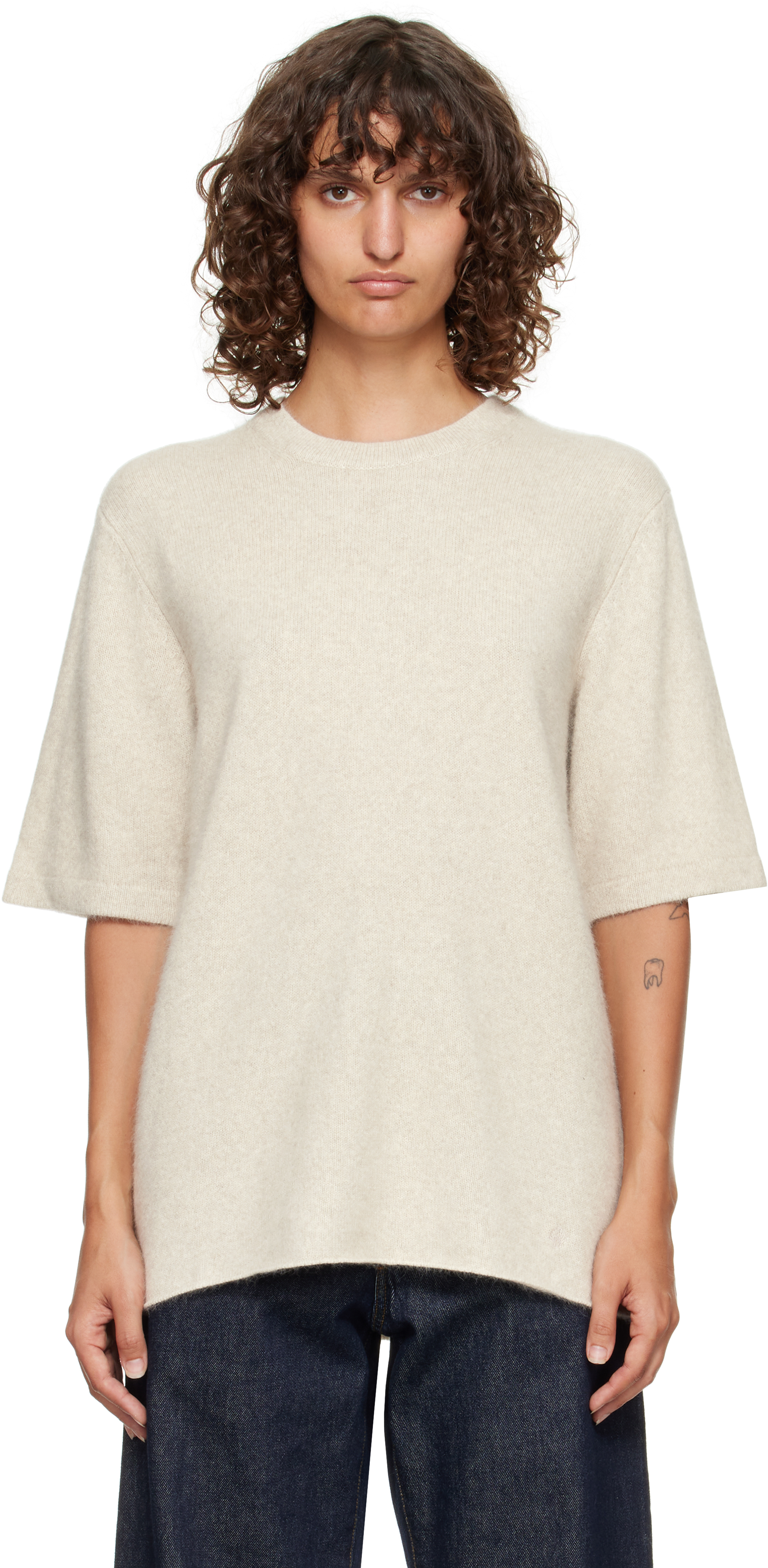 Loulou De Saison Off-white Raven Yak Blend Short Sleeves Sweater In Gray