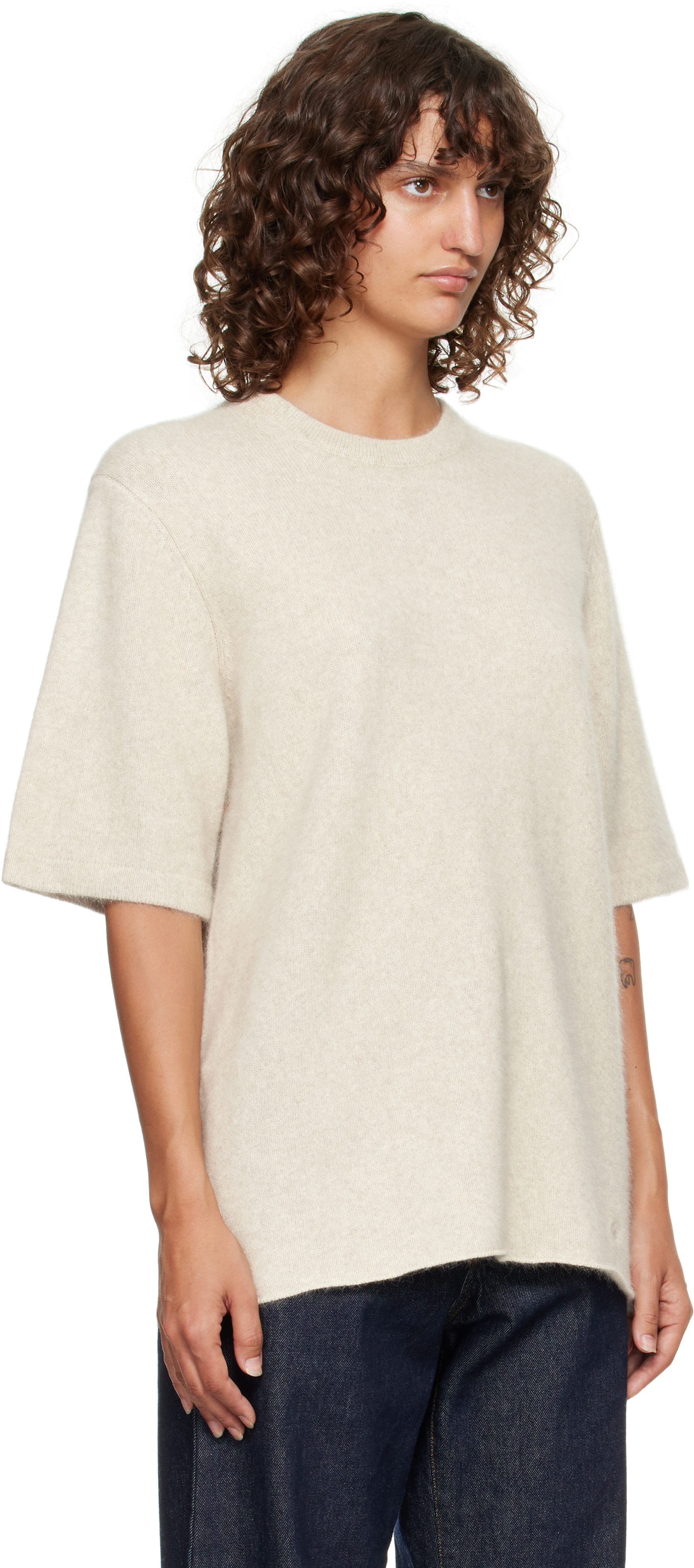 Loulou De Saison Off-white Raven Yak Blend Short Sleeves Sweater In Gray
