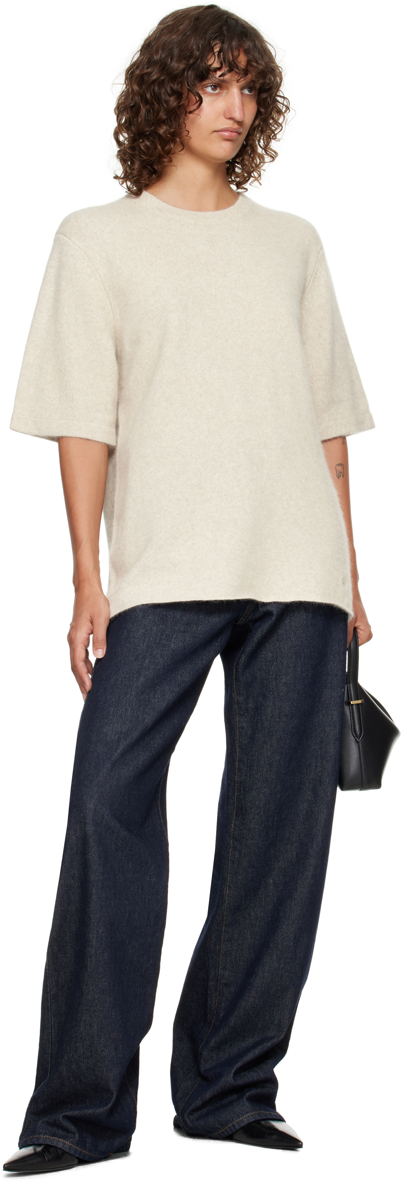 Loulou De Saison Off-white Raven Yak Blend Short Sleeves Sweater In Gray