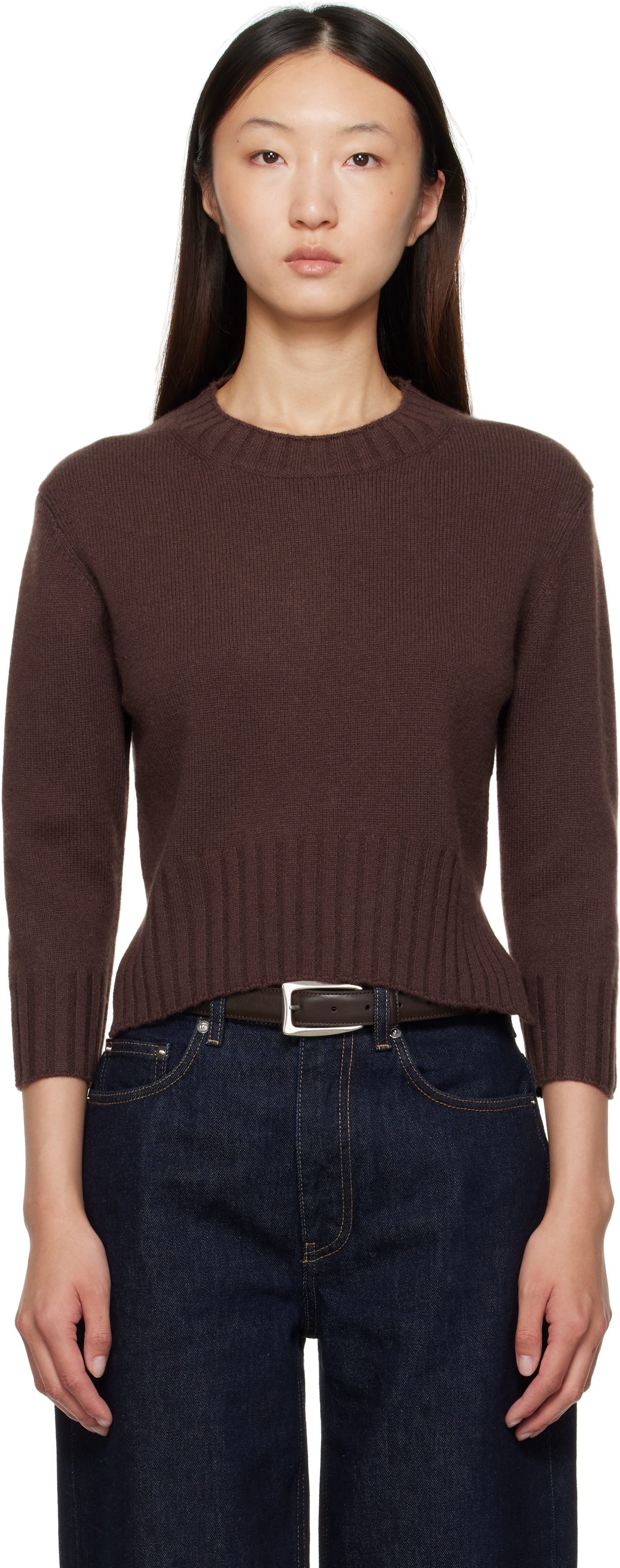 Brown Mora LDS Cropped Cashmere Sweater by Loulou de Saison on Sale