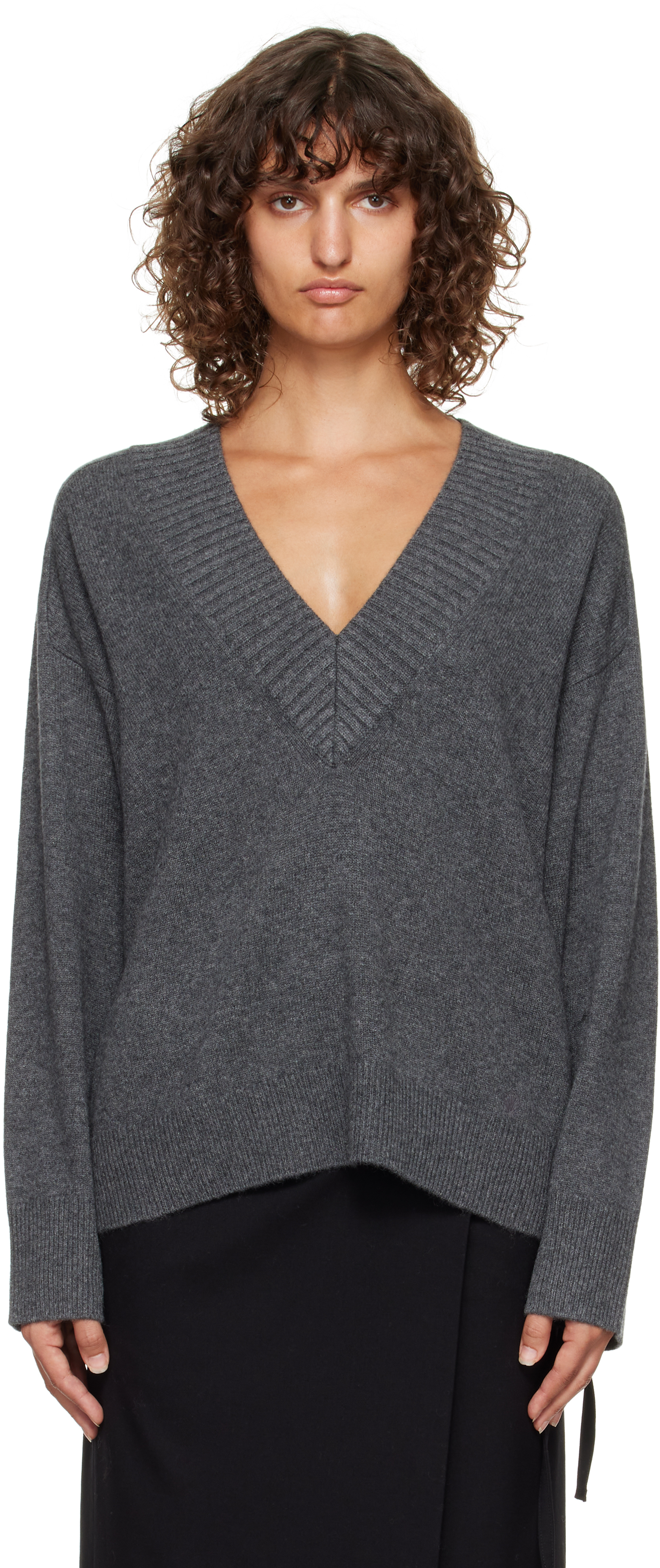 Loulou De Saison Gray Sage Lds V Neck Cashmere Sweater In Gray