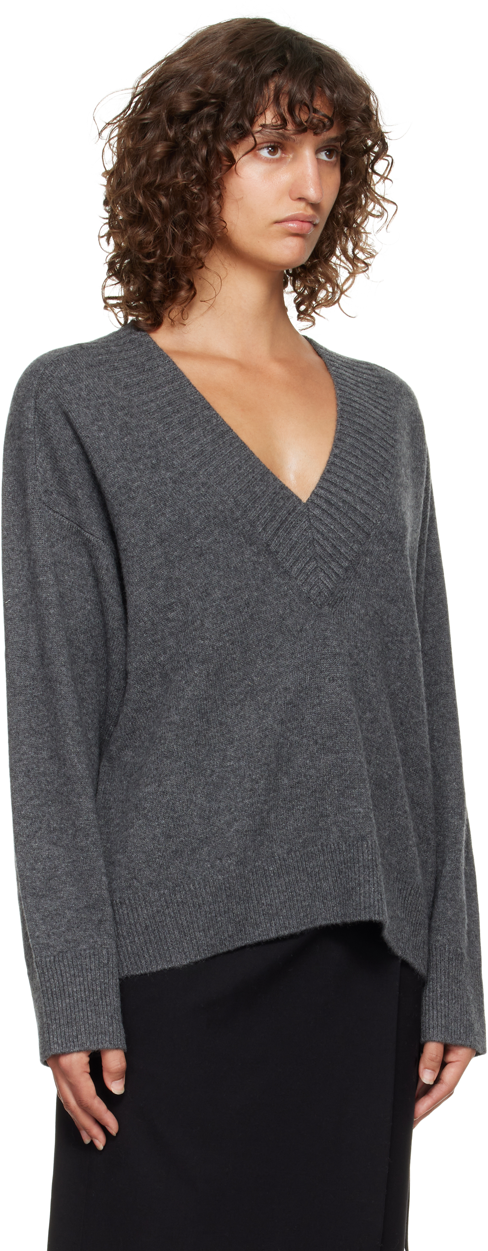 Loulou De Saison Gray Sage Lds V Neck Cashmere Sweater In Gray