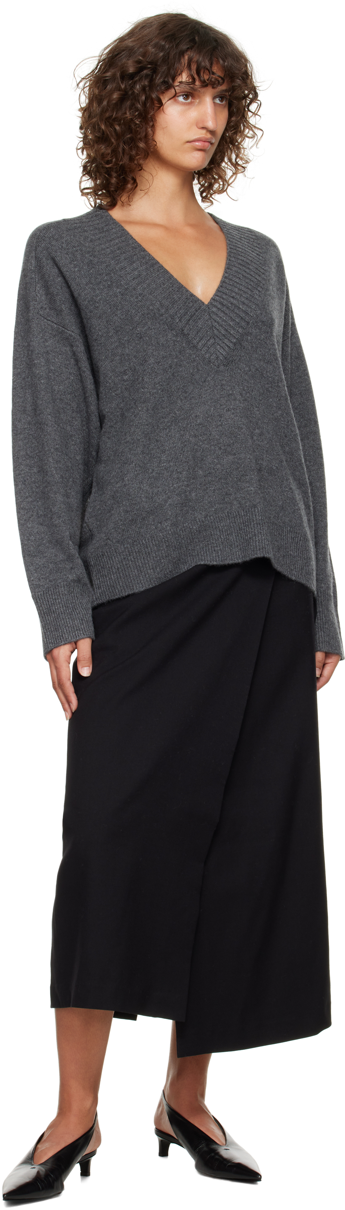 Loulou De Saison Gray Sage Lds V Neck Cashmere Sweater In Gray