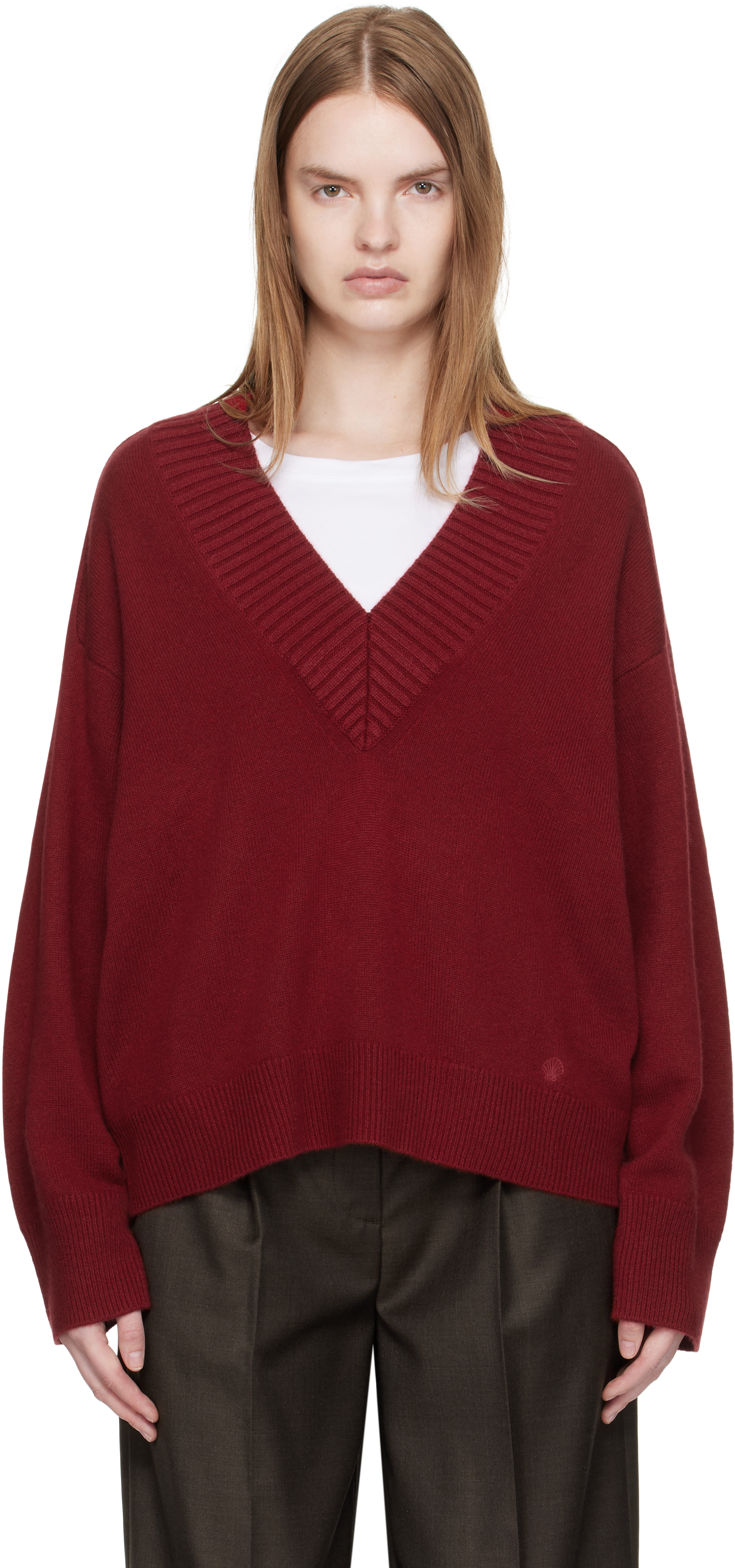 Loulou De Saison Red Sage Lds V Neck Cashmere Sweater In Burgundy