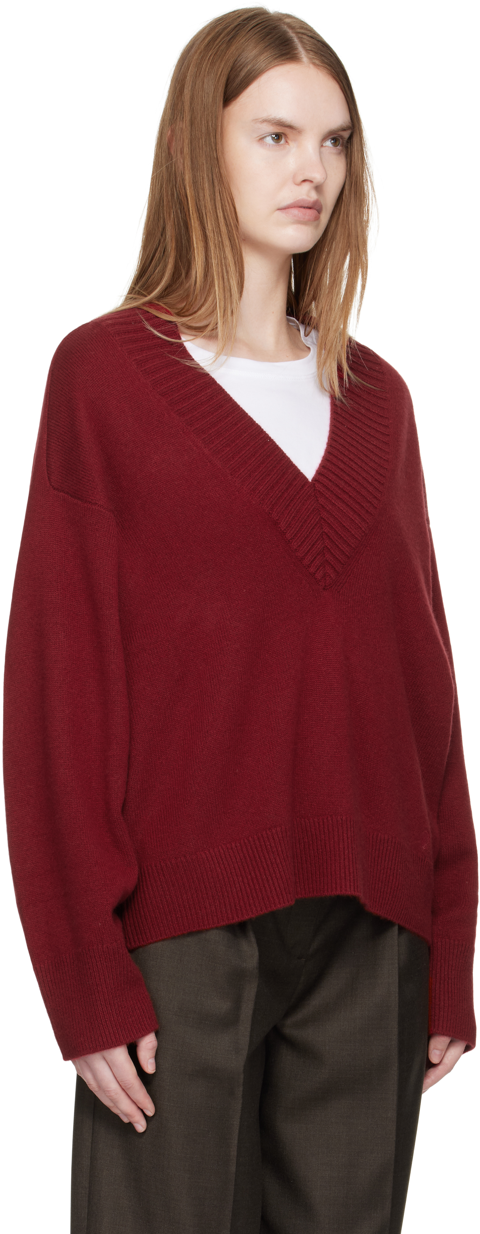 Loulou De Saison Red Sage Lds V Neck Cashmere Sweater In Burgundy
