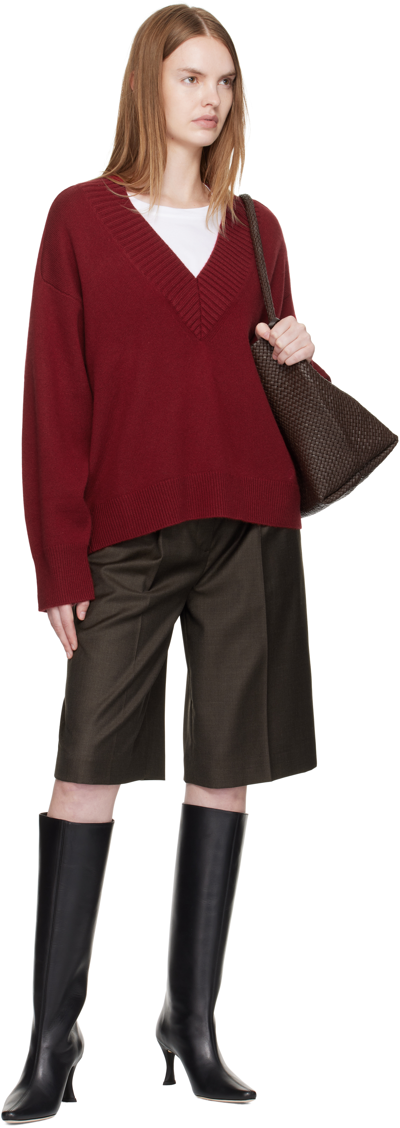 Loulou De Saison Red Sage Lds V Neck Cashmere Sweater In Burgundy