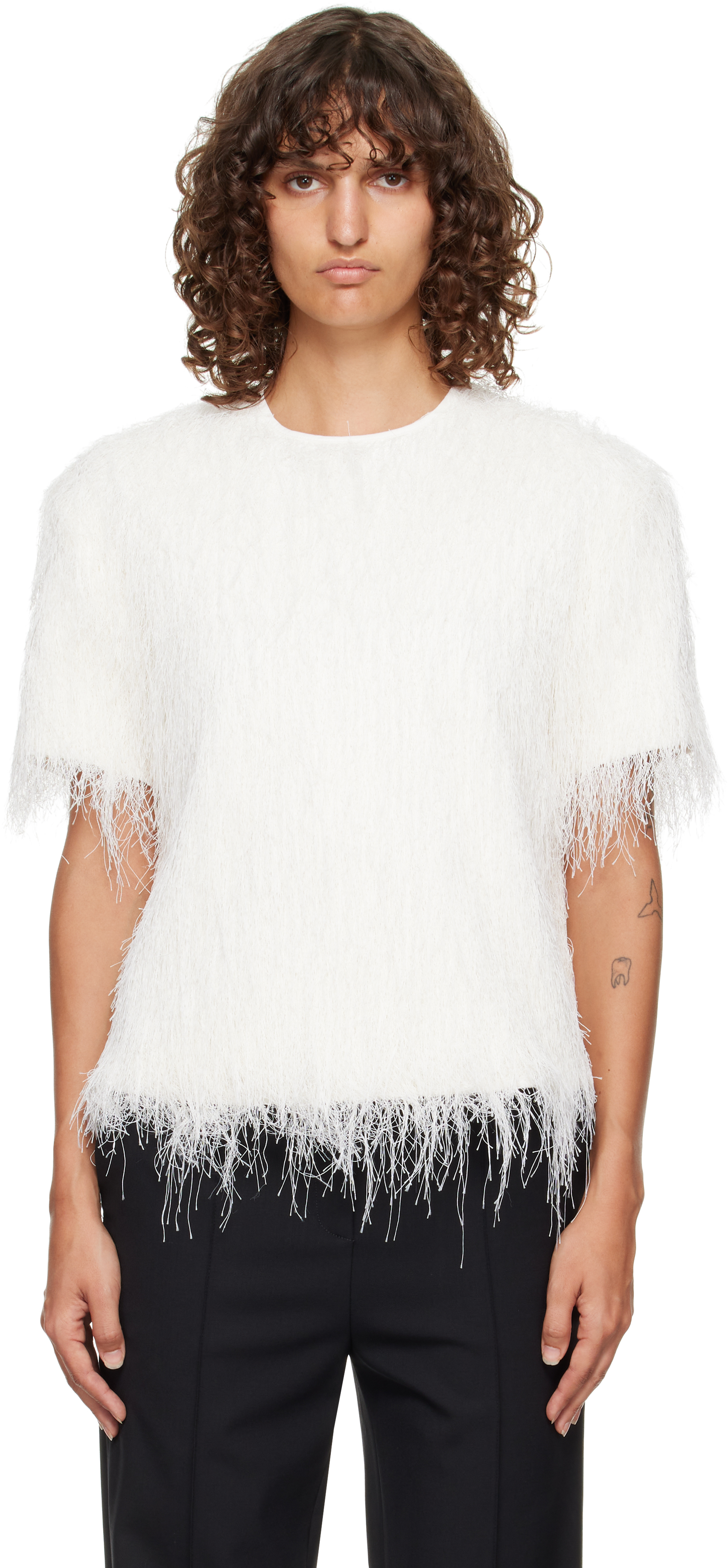 Loulou De Saison White Zaro Fringed Fabric T-shirt In White