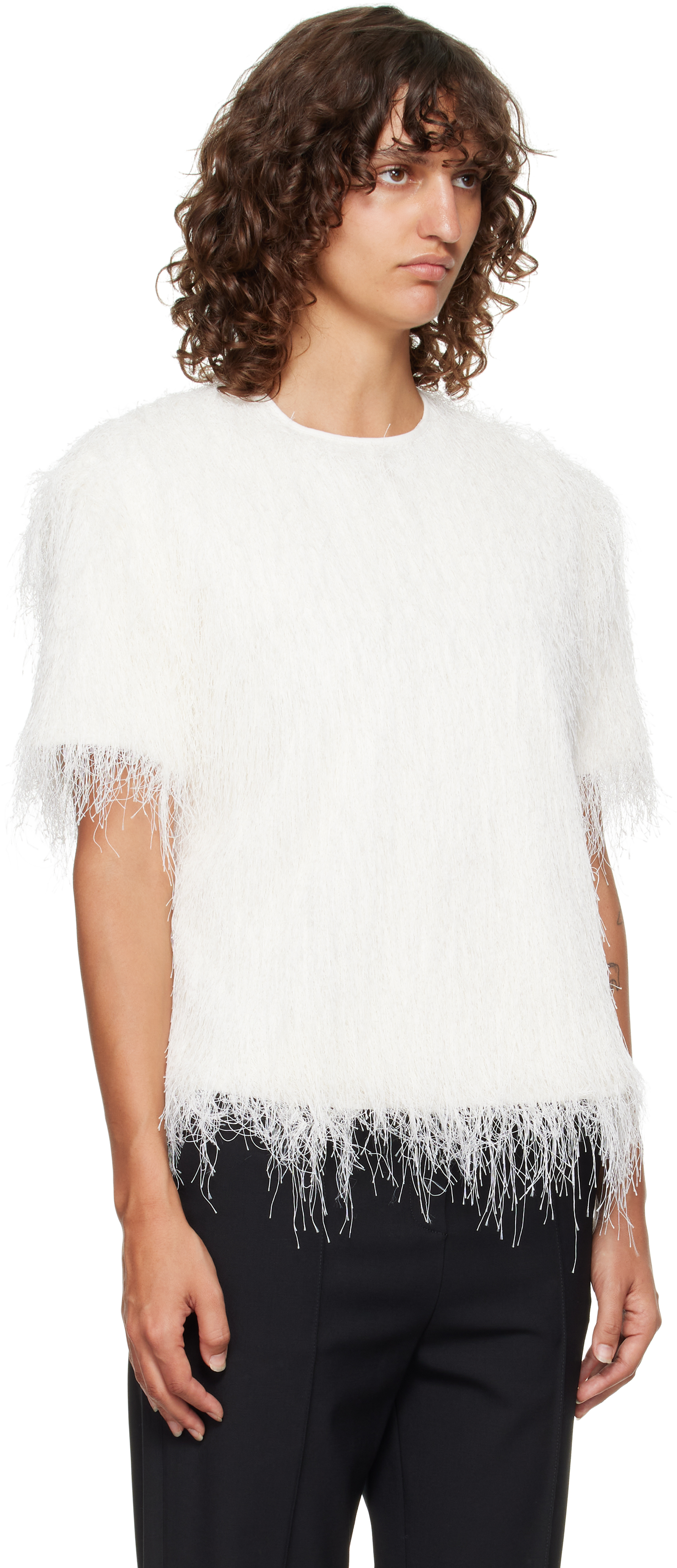 Loulou De Saison White Zaro Fringed Fabric T-shirt In White