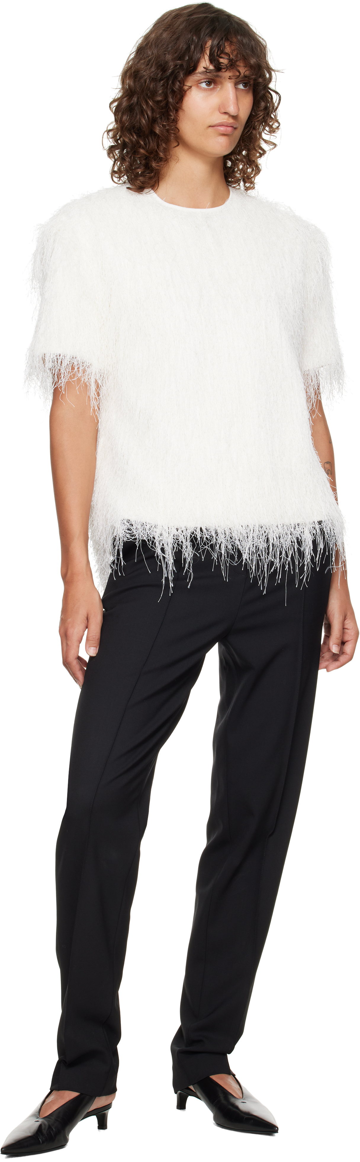 Loulou De Saison White Zaro Fringed Fabric T-shirt In White