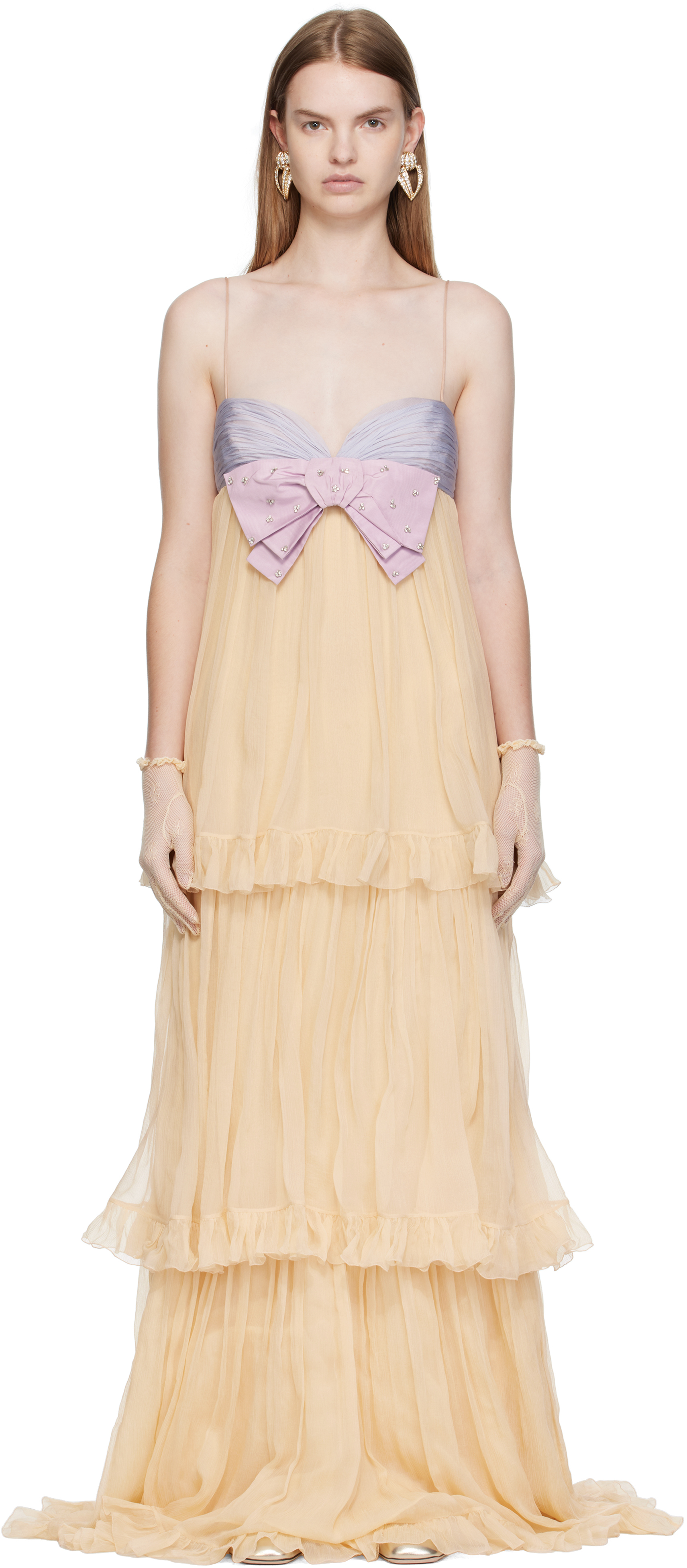 Valentino Crystal Creponne Bow Tiered Chiffon Babydoll Gown In Brown