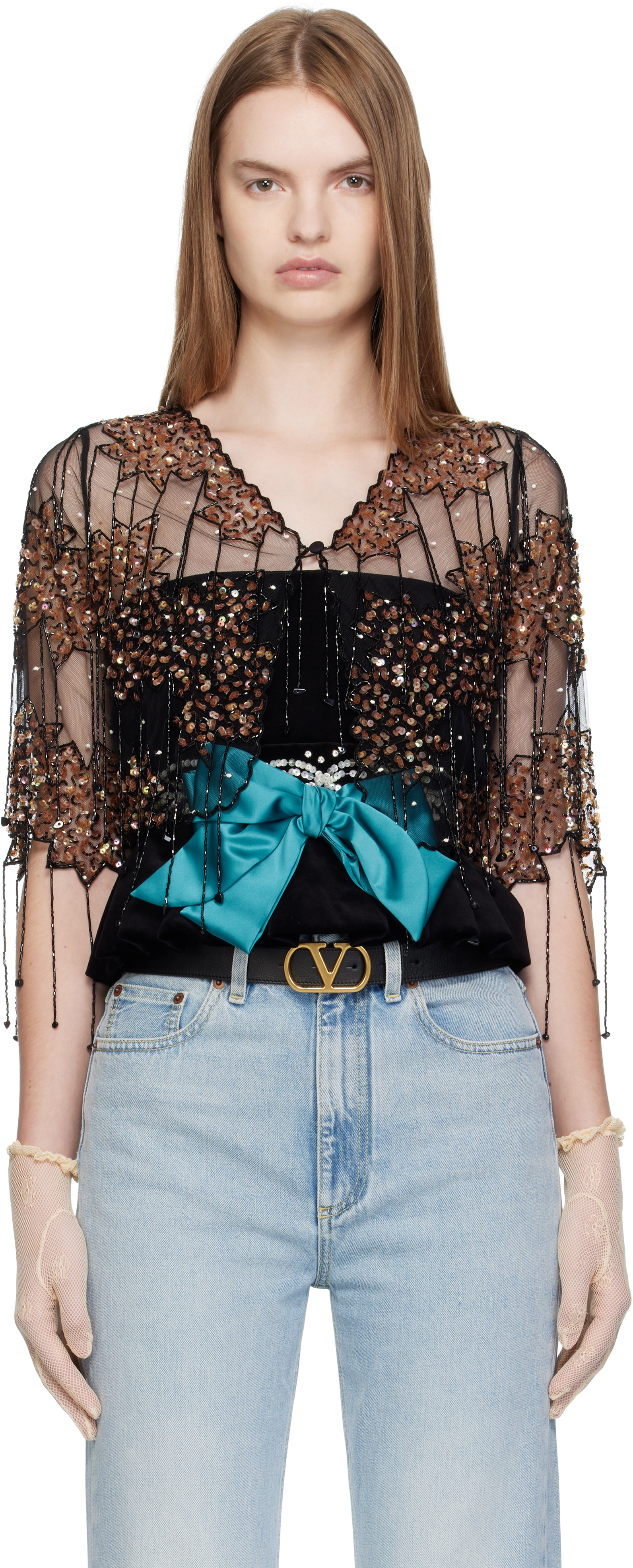 VALENTINO 近年タグ フラワーレース ポロカットソー ニット ブラック