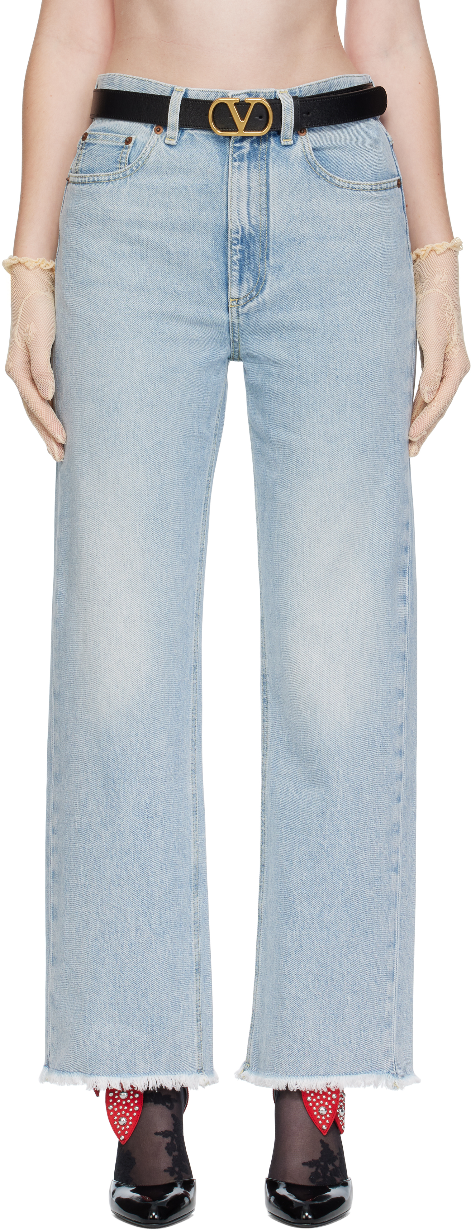 Valentino Womens Denim Blu Lav Chiaro Frayed-hem Straight-leg Denim Jeans In Blue