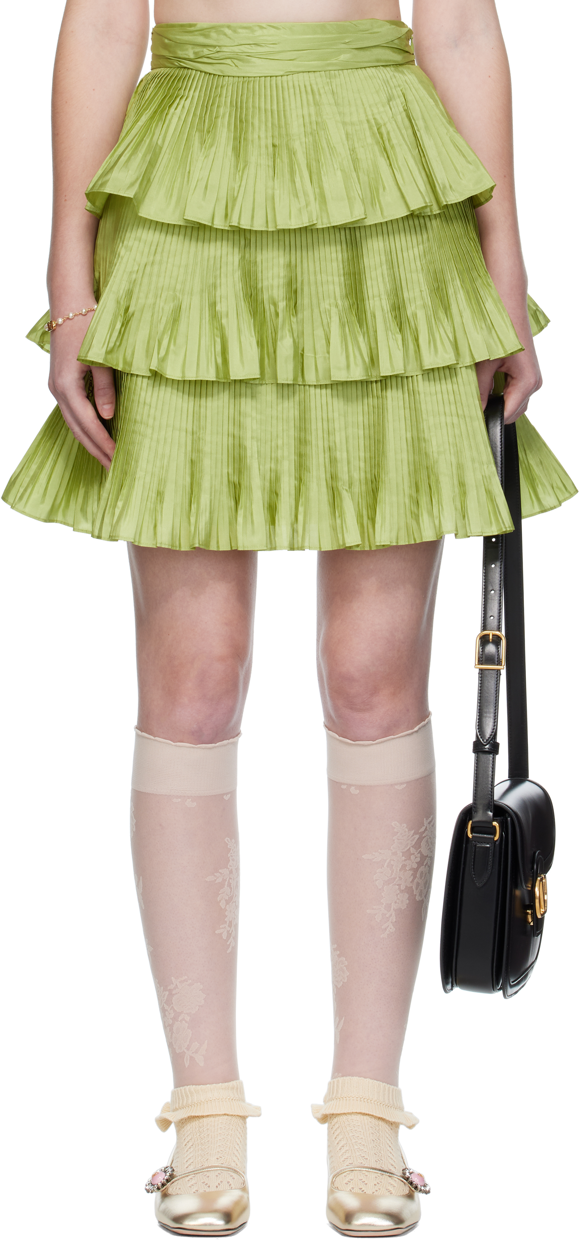 Valentino High Waist Pleated Tiered Layers Skirt In Green