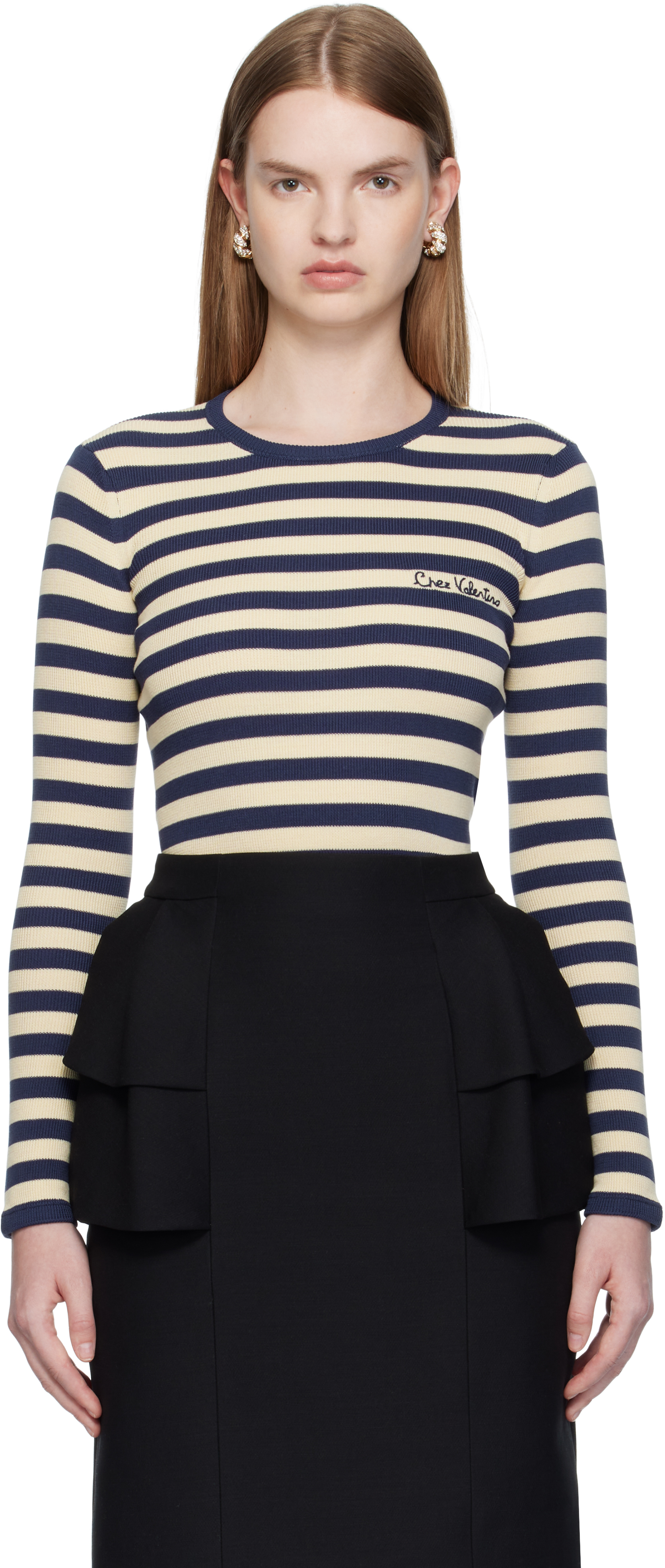Valentino: Navy & Beige Cotton T-shirt | SSENSE