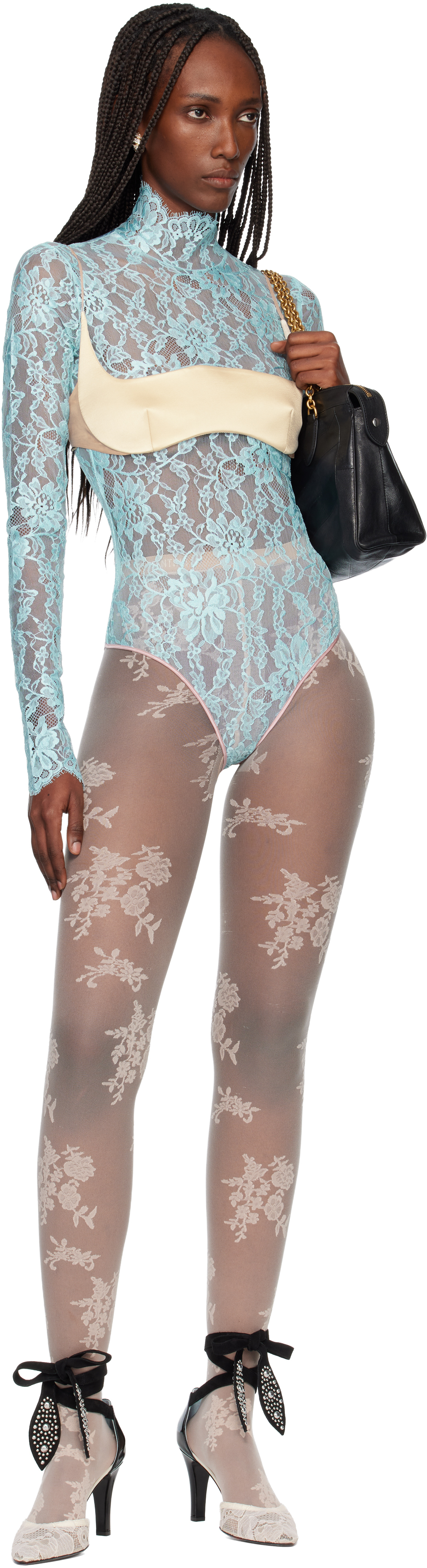 Valentino Blue Floral Lace Bodysuit