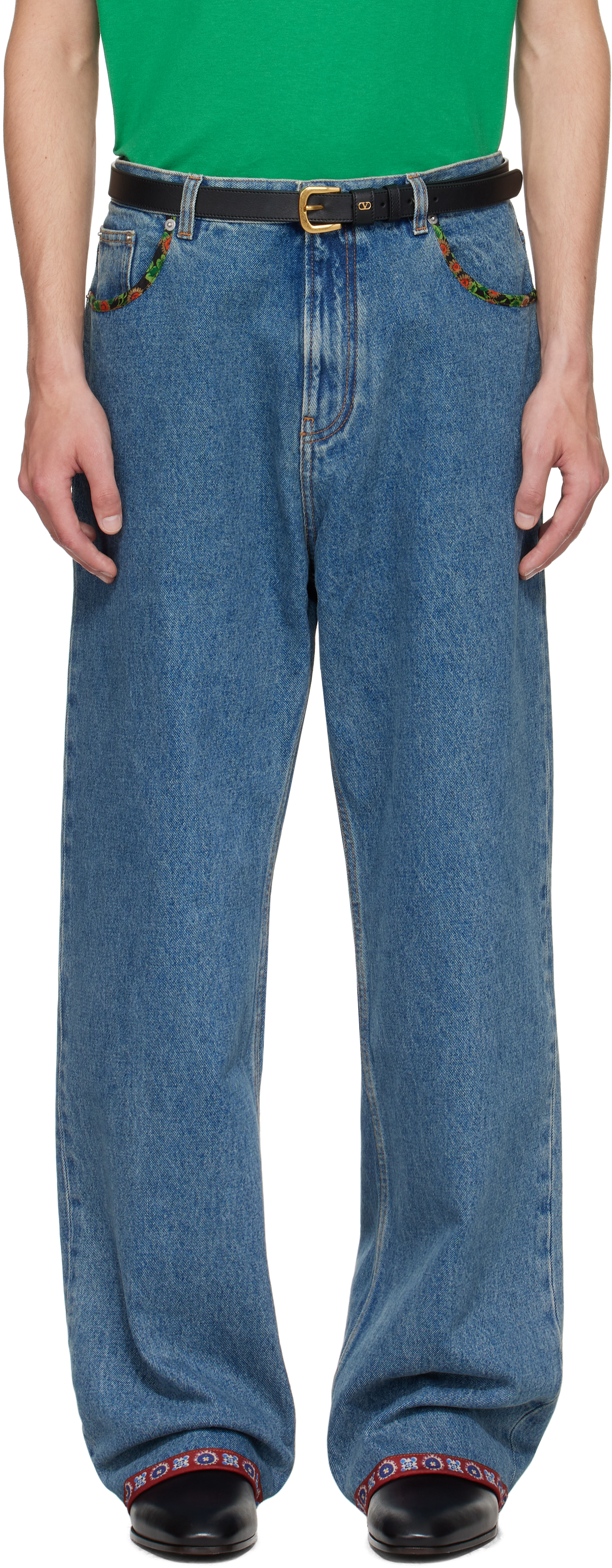 Valentino: Blue Printed Border Jeans | SSENSE