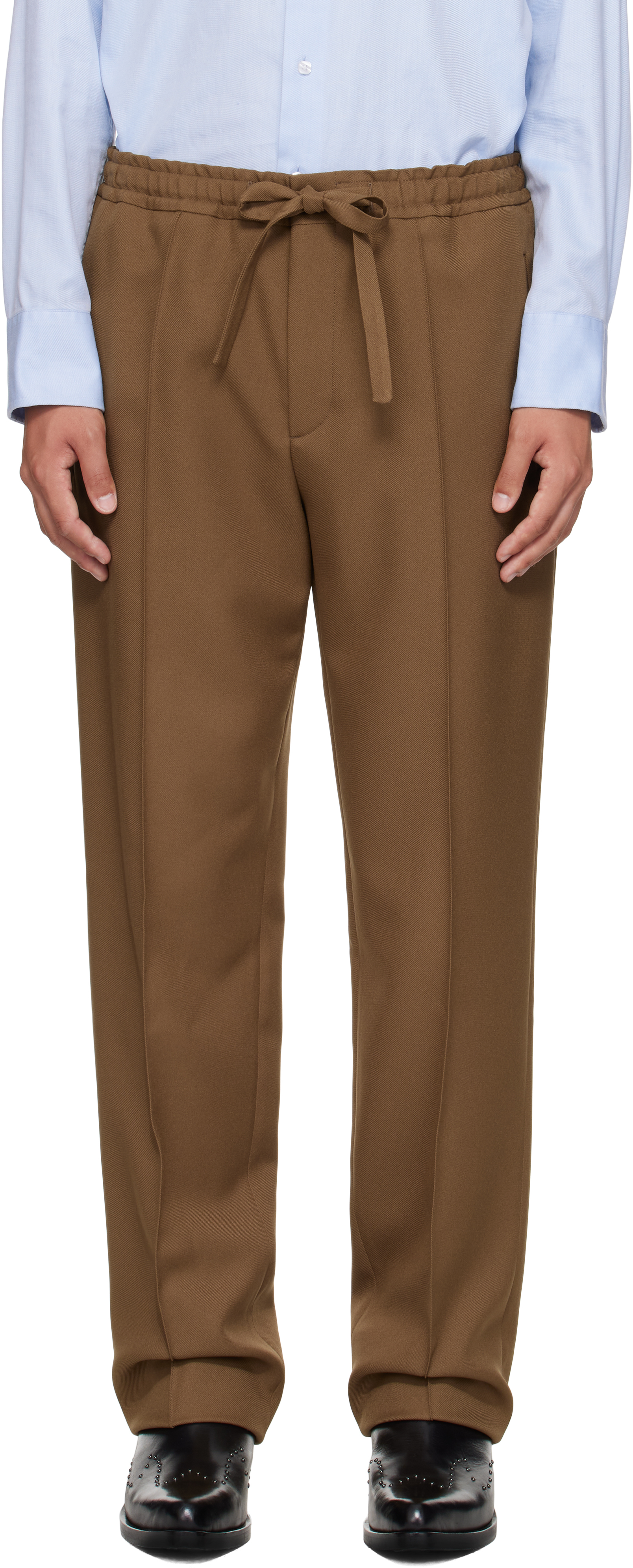 Valentino Khaki Techno Drape Gabardine Trousers In Brown
