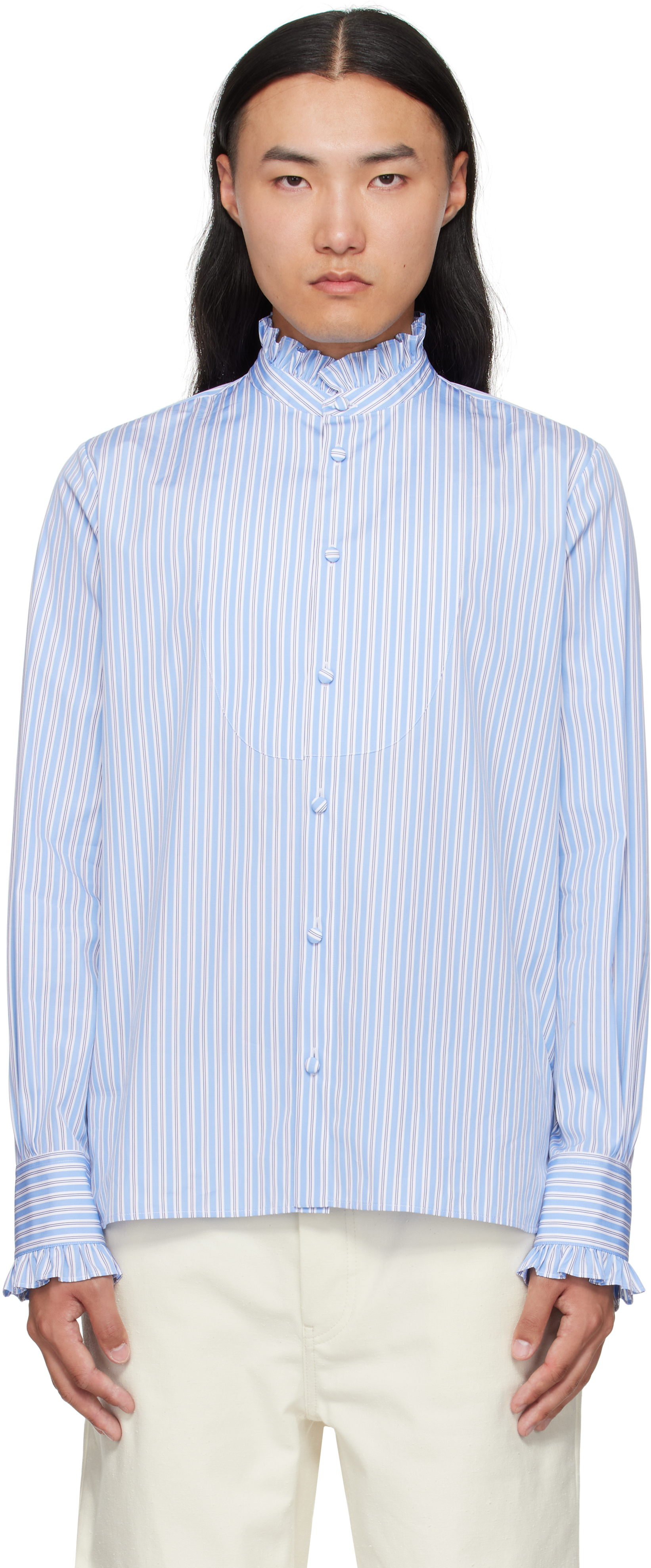 Valentino Blue Striped Cotton Ruffle Shirt In Blue