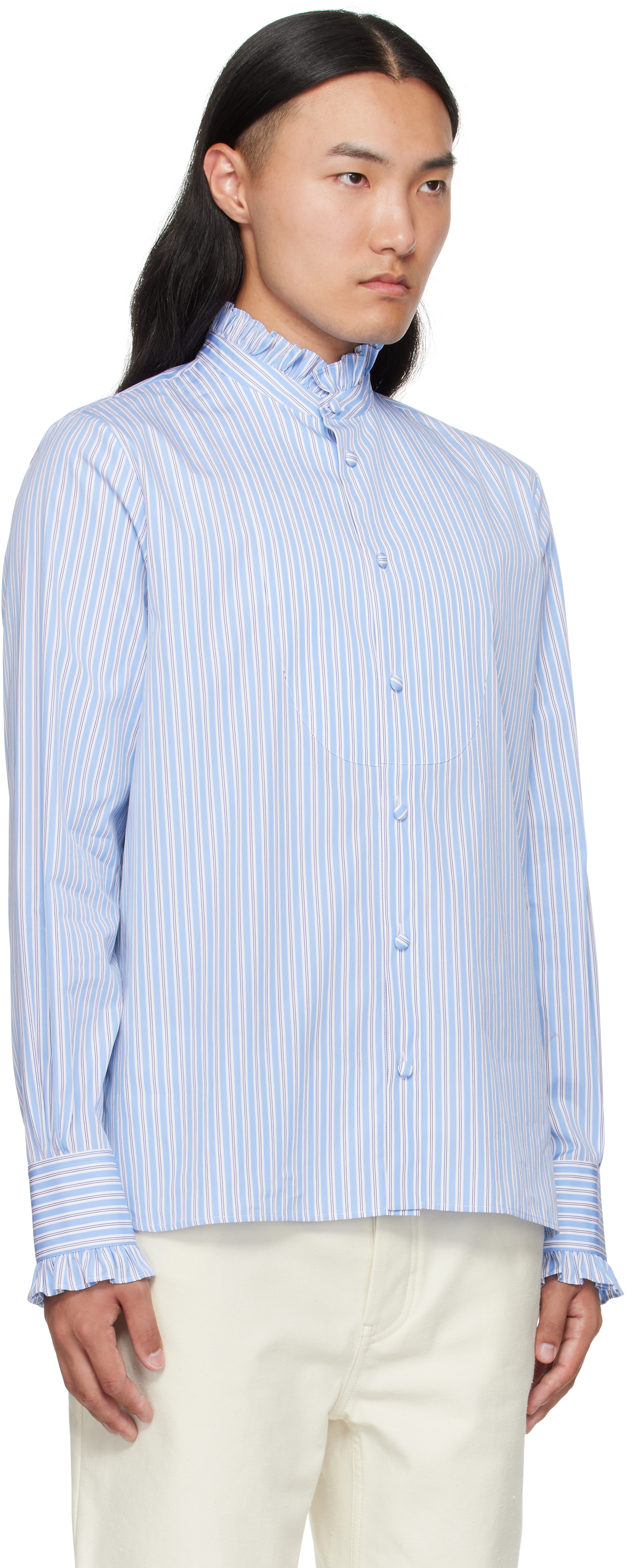 Valentino Blue Striped Cotton Ruffle Shirt In Blue