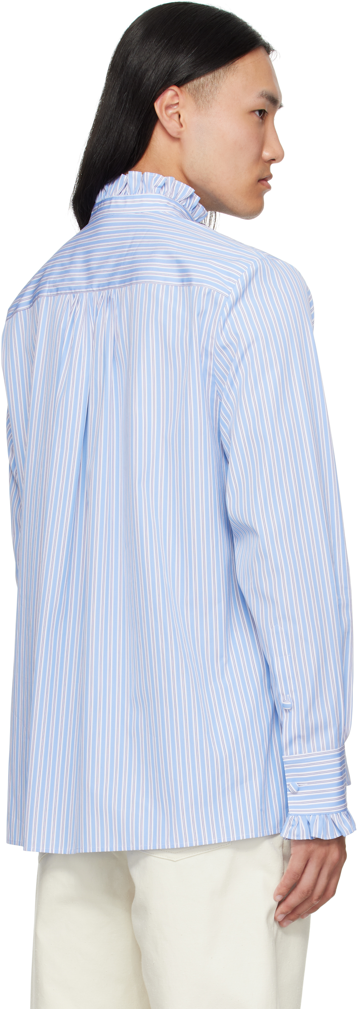 Valentino Blue Striped Cotton Ruffle Shirt In Blue