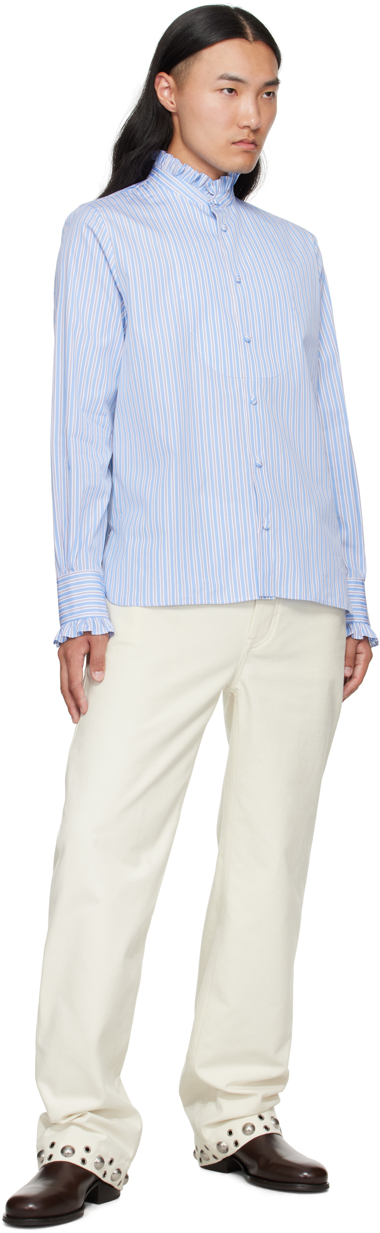 Valentino Blue Striped Cotton Ruffle Shirt In Blue