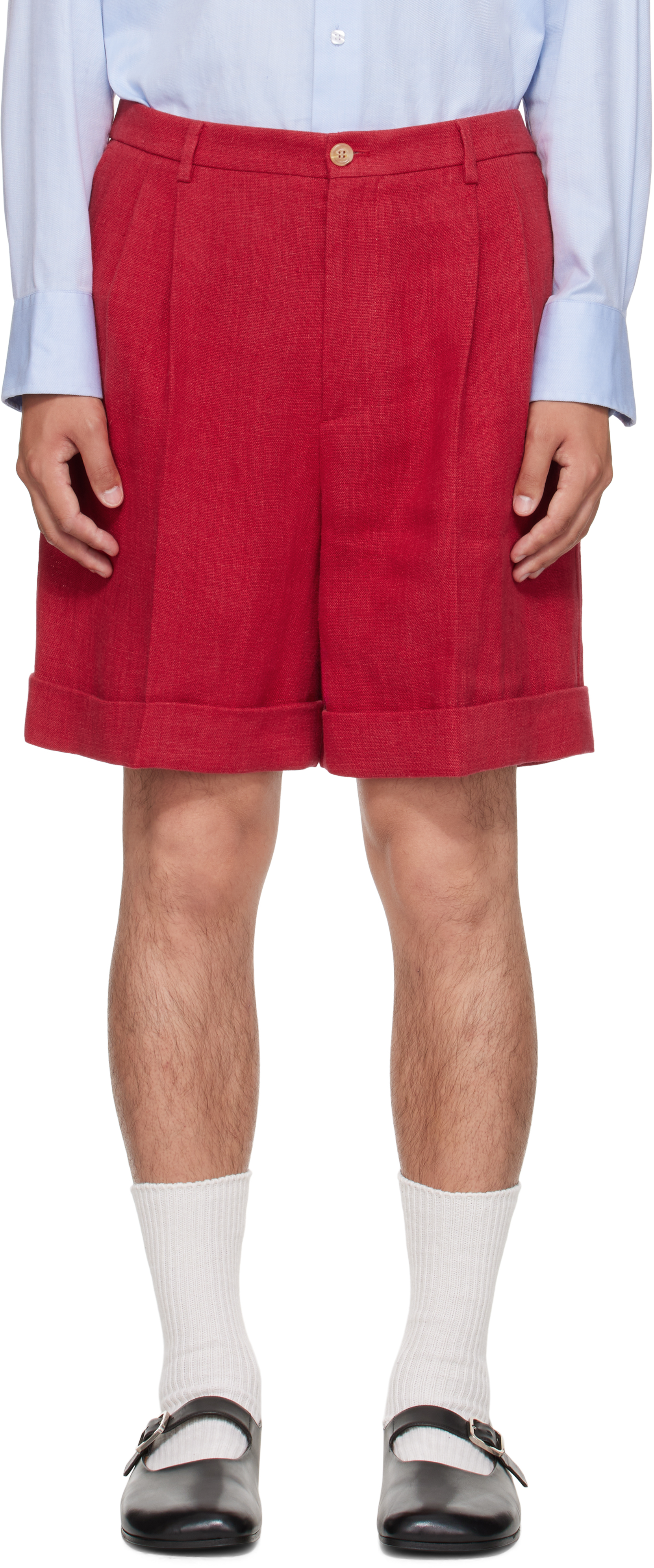 Valentino Straight-leg Pleated Linen Bermuda Shorts In Red