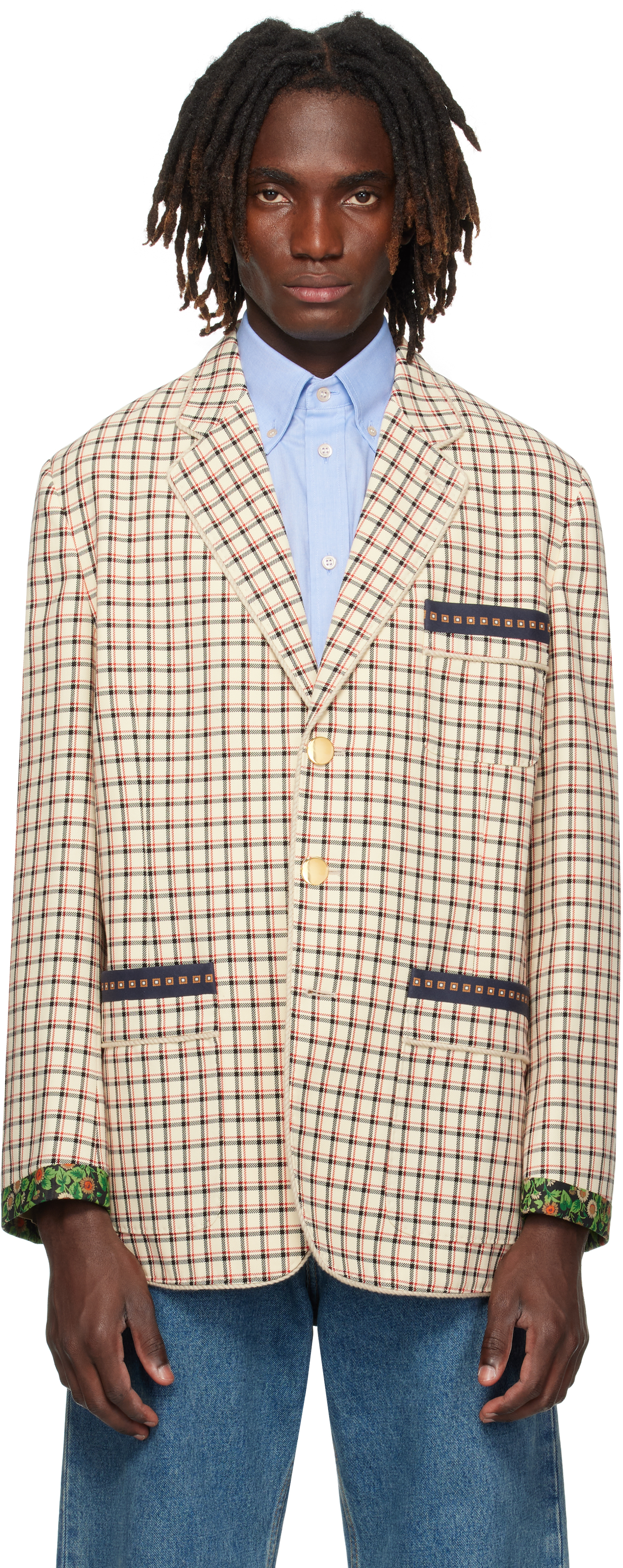 Valentino Single-breasted Cotton Jacket With Check Pattern And Printed Edges In Neutral
