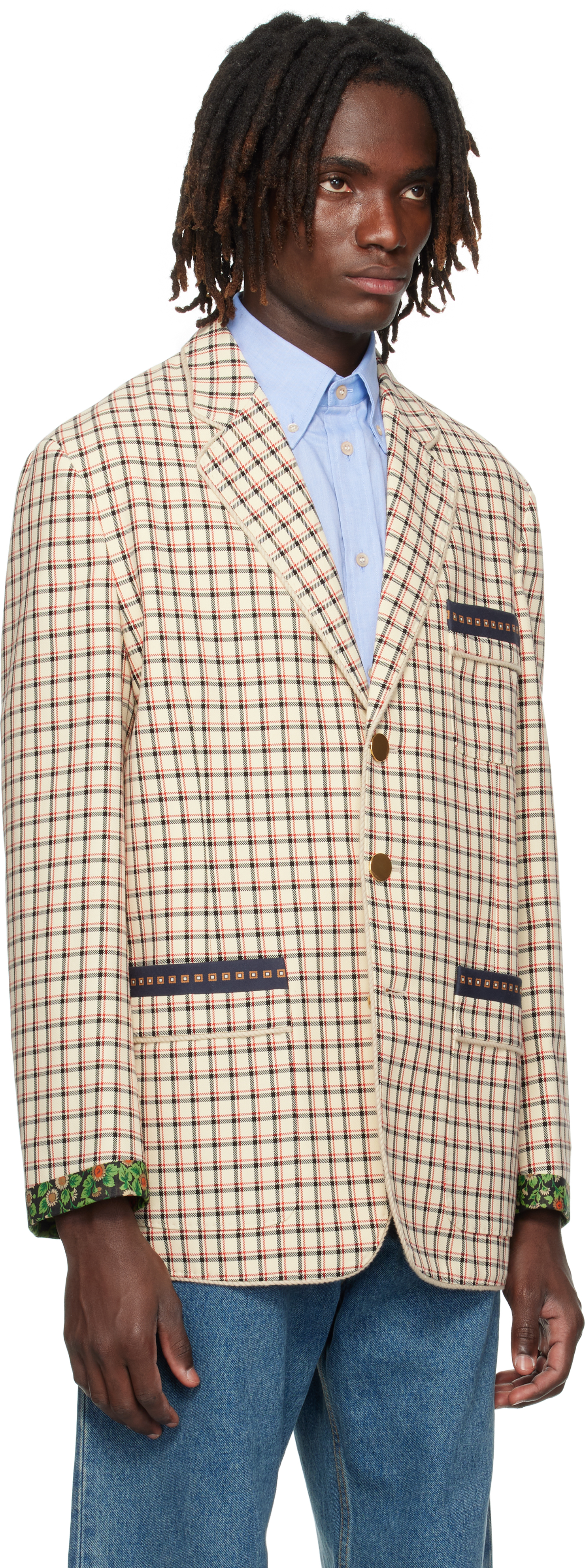 Valentino Single-breasted Cotton Jacket With Check Pattern And Printed Edges In Neutral