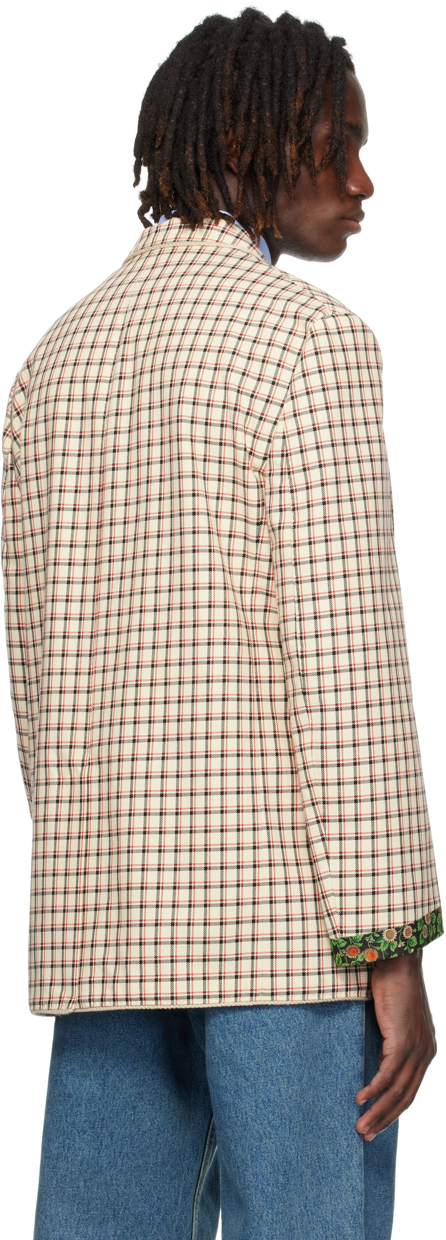 Valentino Single-breasted Cotton Jacket With Check Pattern And Printed Edges In Neutral
