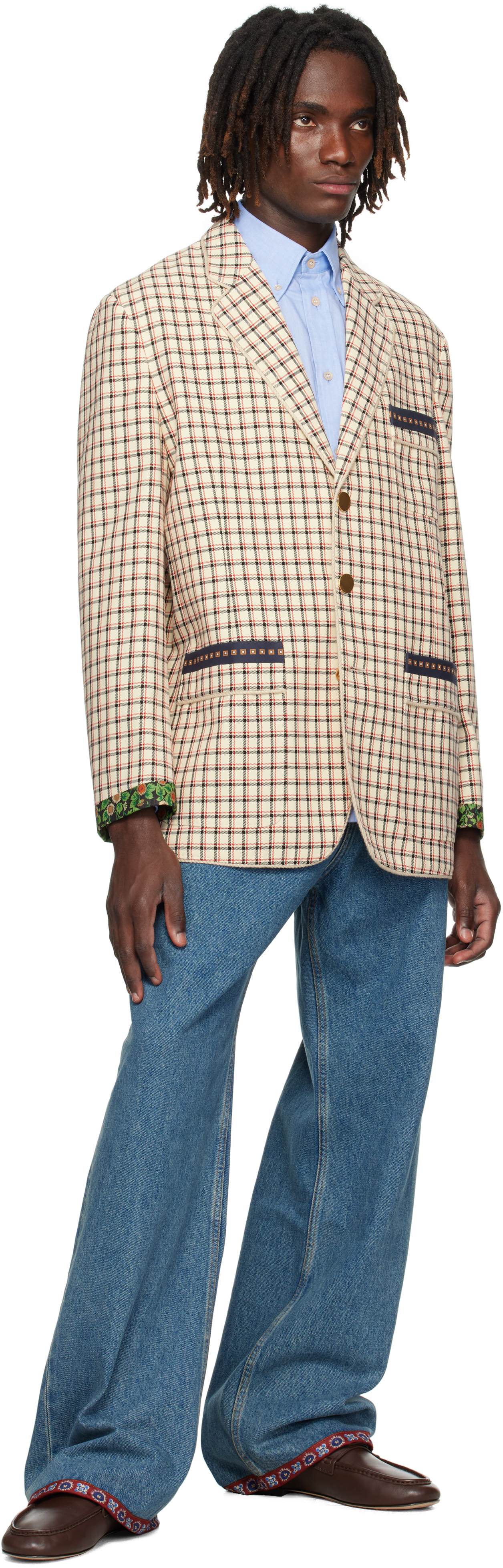 Valentino Single-breasted Cotton Jacket With Check Pattern And Printed Edges In Neutral