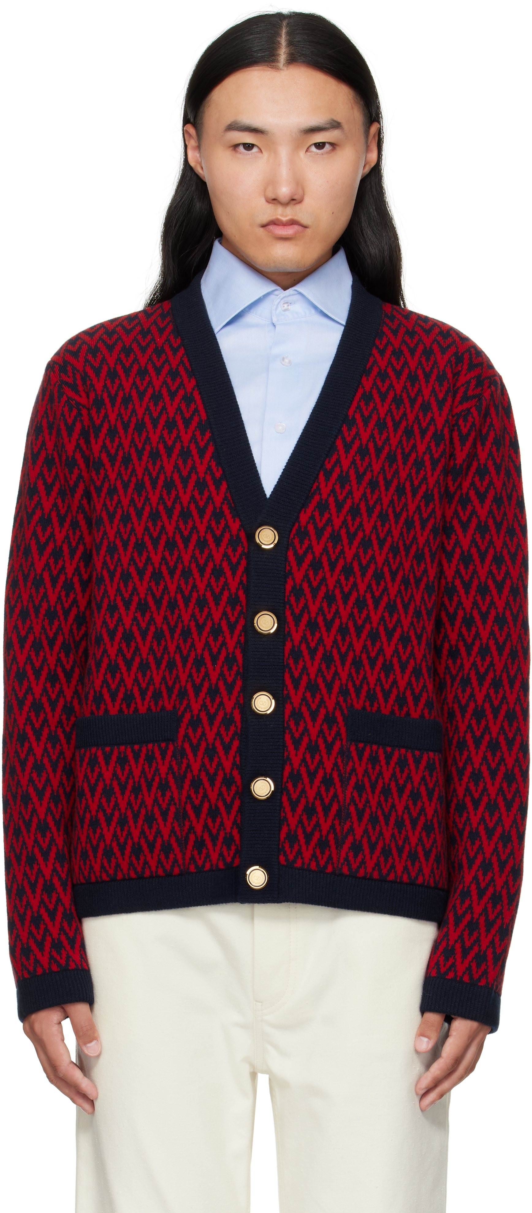 Valentino Red & Navy Wool 'toute La V' Cardigan
