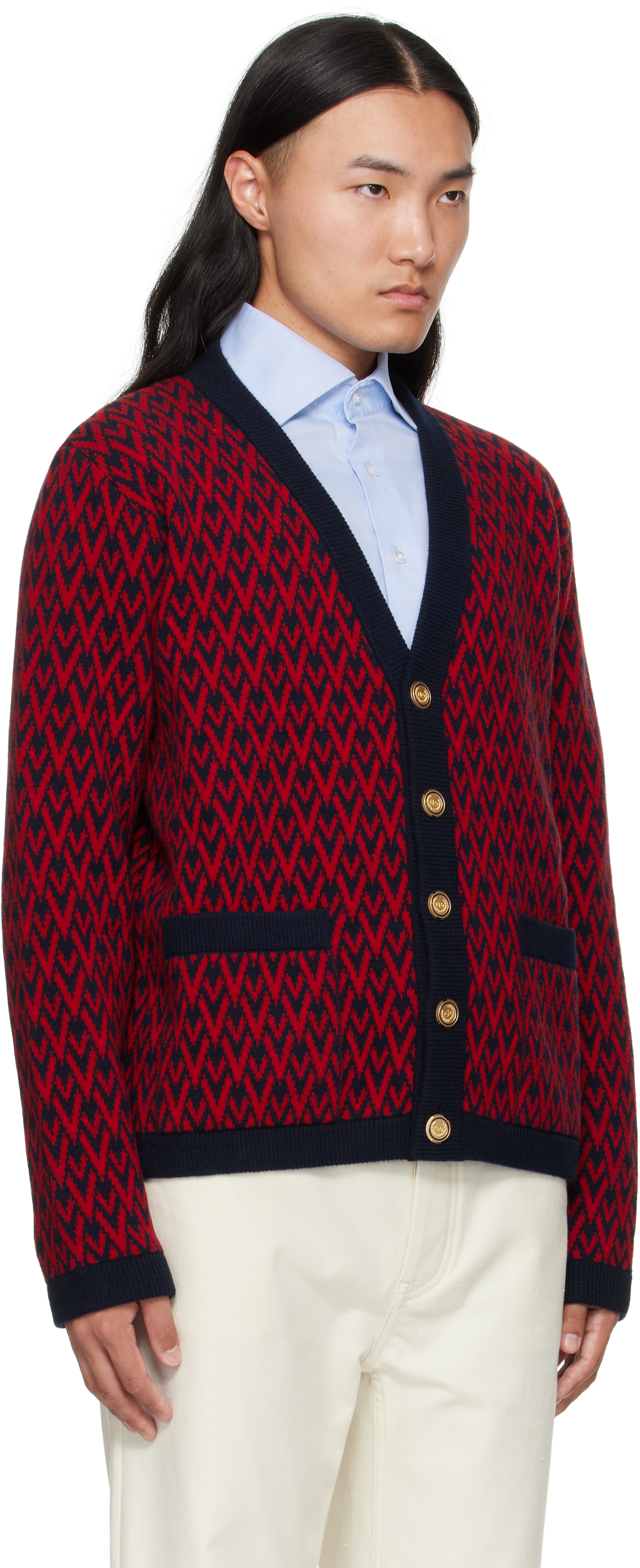 Valentino Red & Navy Wool 'toute La V' Cardigan