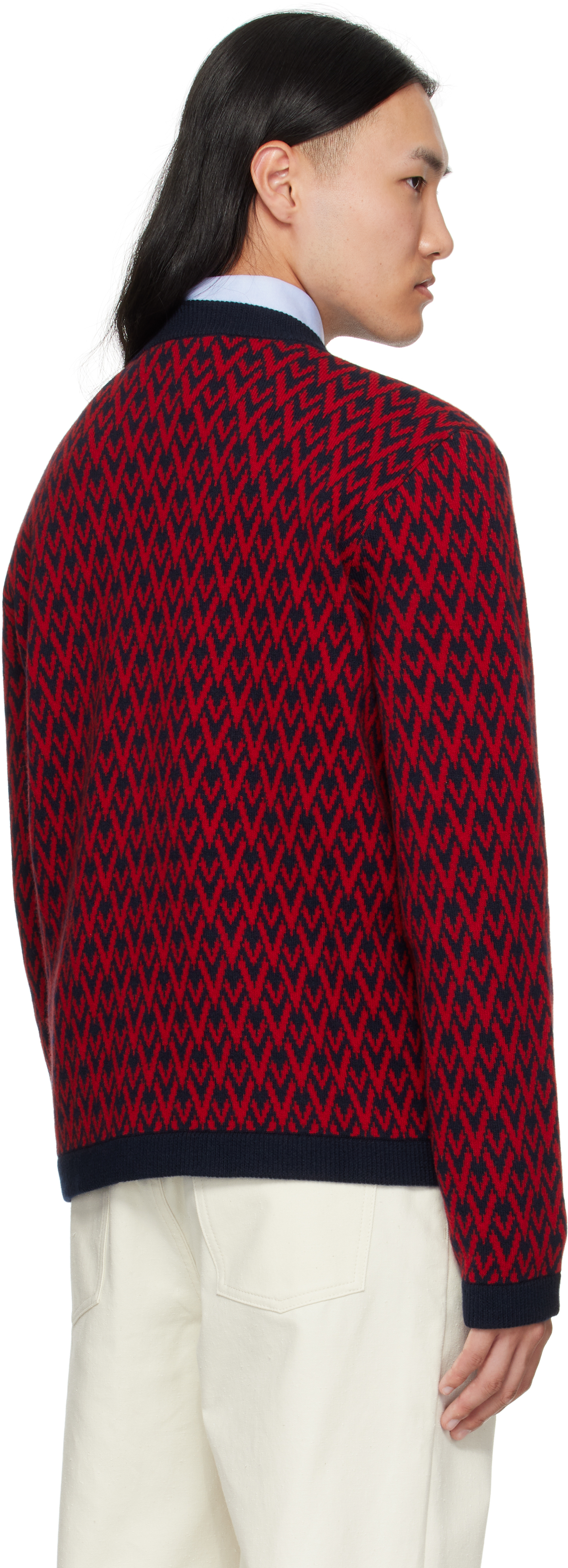 Valentino Red & Navy Wool 'toute La V' Cardigan