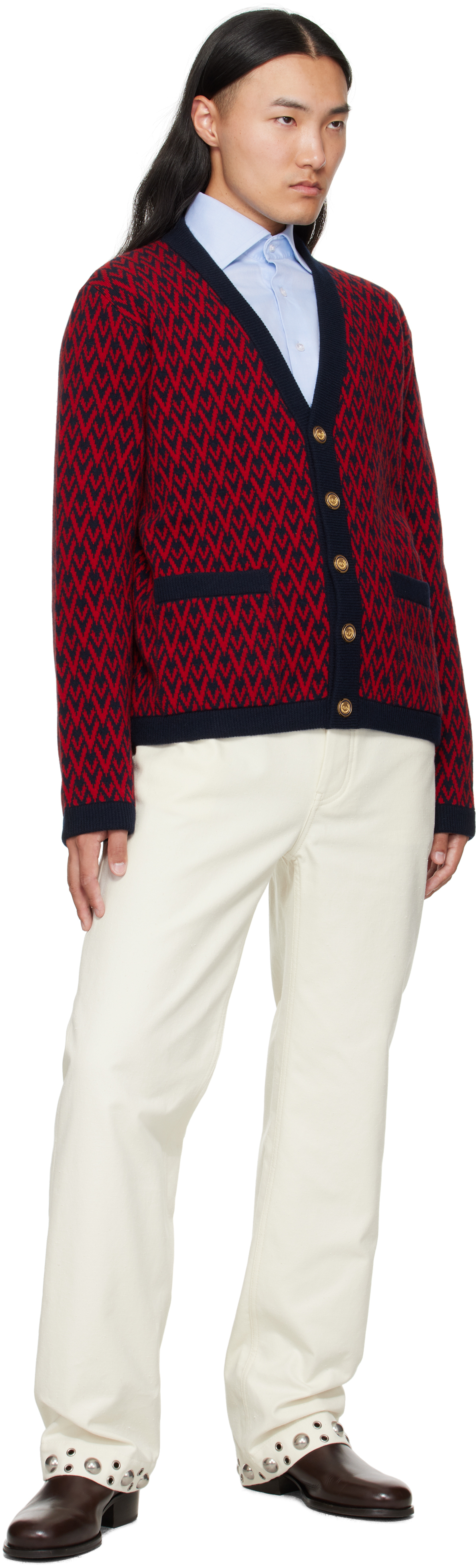 Valentino Red & Navy Wool 'toute La V' Cardigan