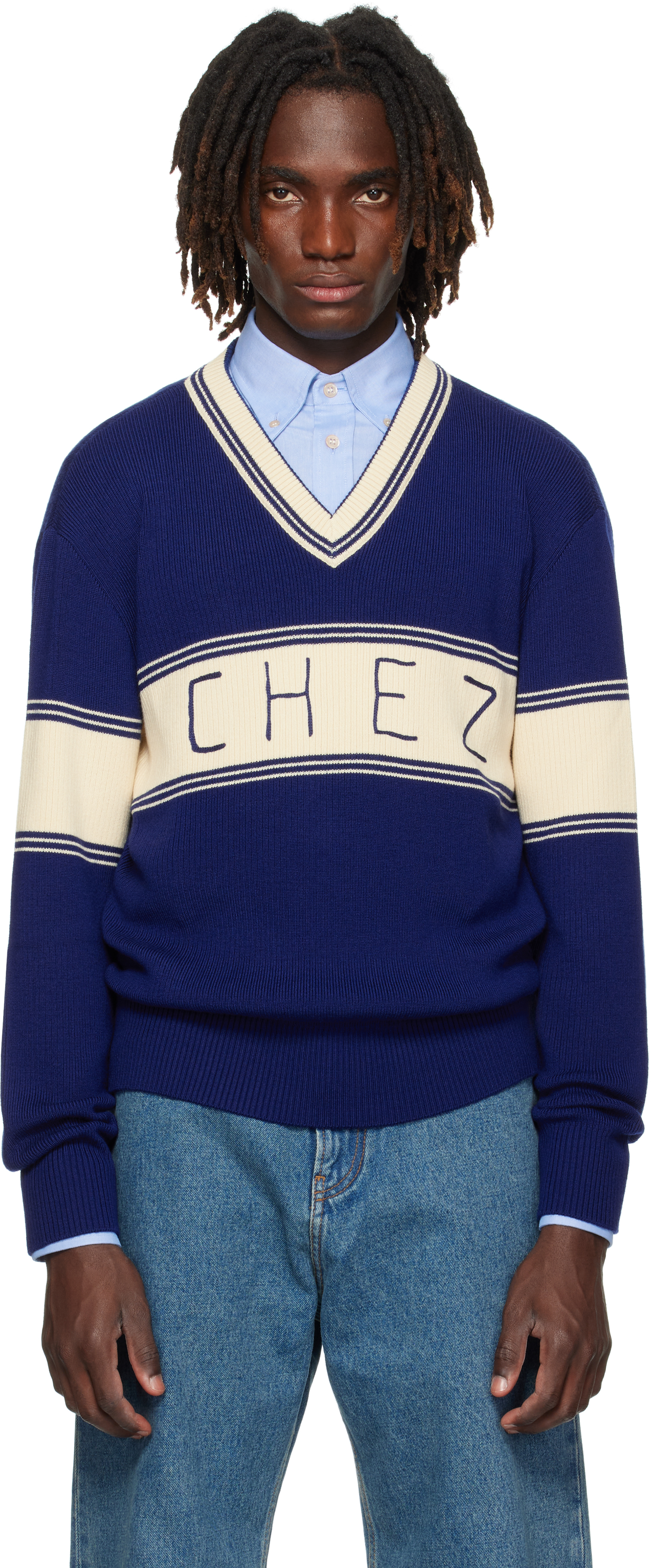 Valentino Embroidered Striped Virgin Wool And Cotton-blend Sweater In Blue