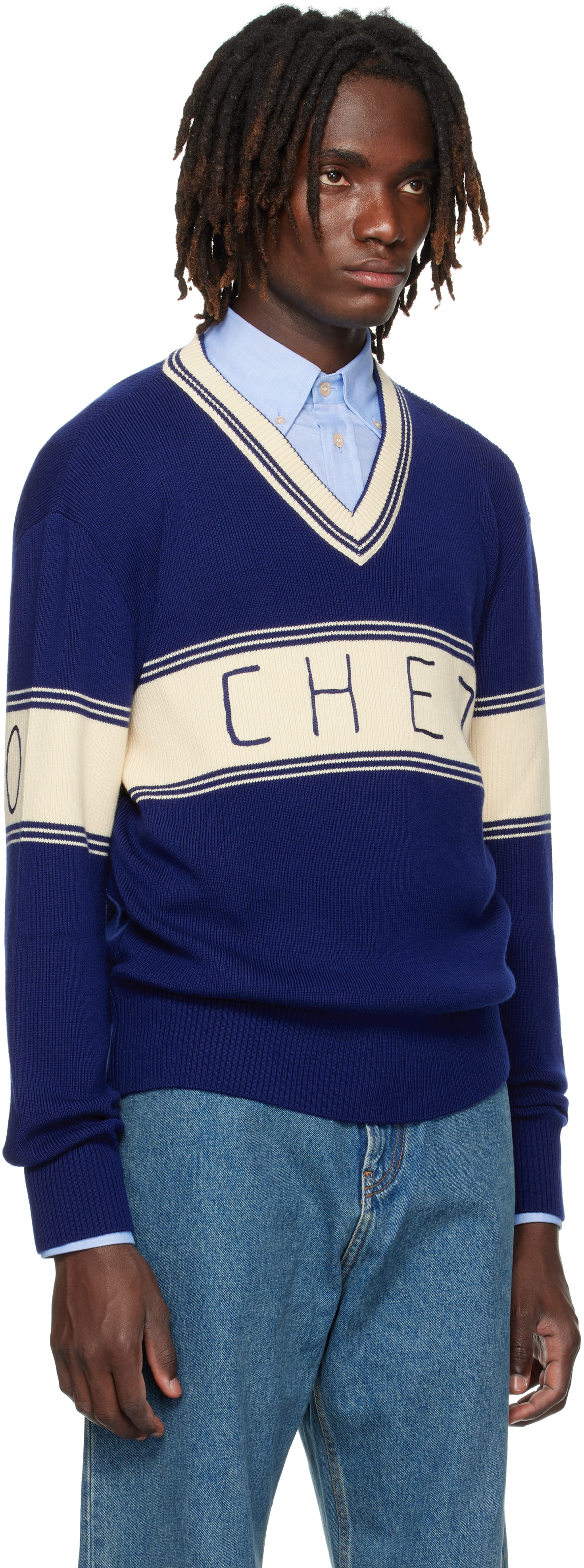 Valentino Embroidered Striped Virgin Wool And Cotton-blend Sweater In Blue