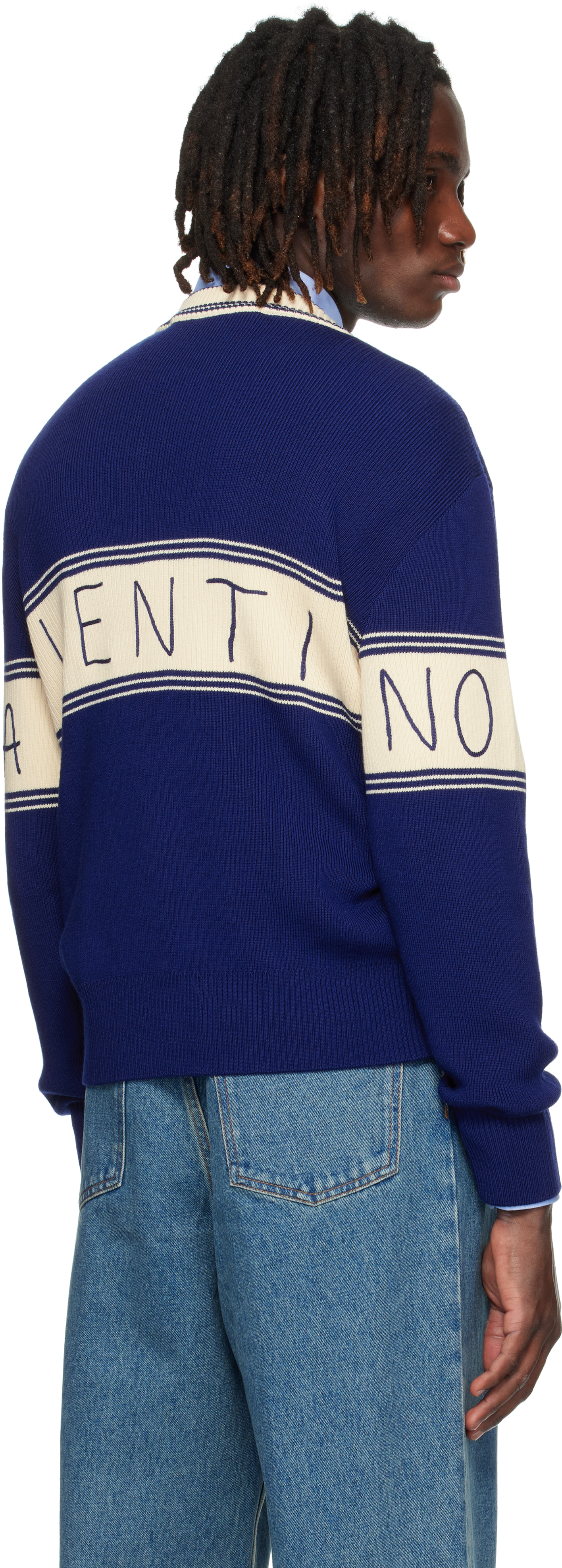 Valentino Embroidered Striped Virgin Wool And Cotton-blend Sweater In Blue