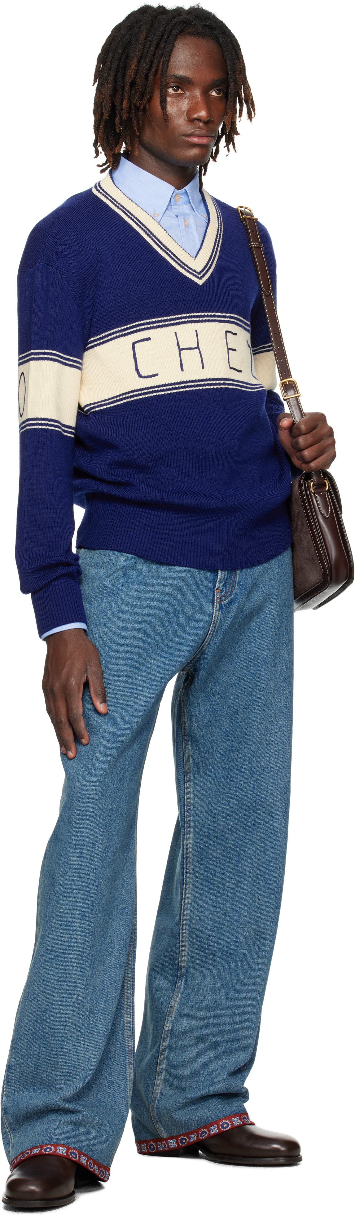 Valentino Embroidered Striped Virgin Wool And Cotton-blend Sweater In Blue