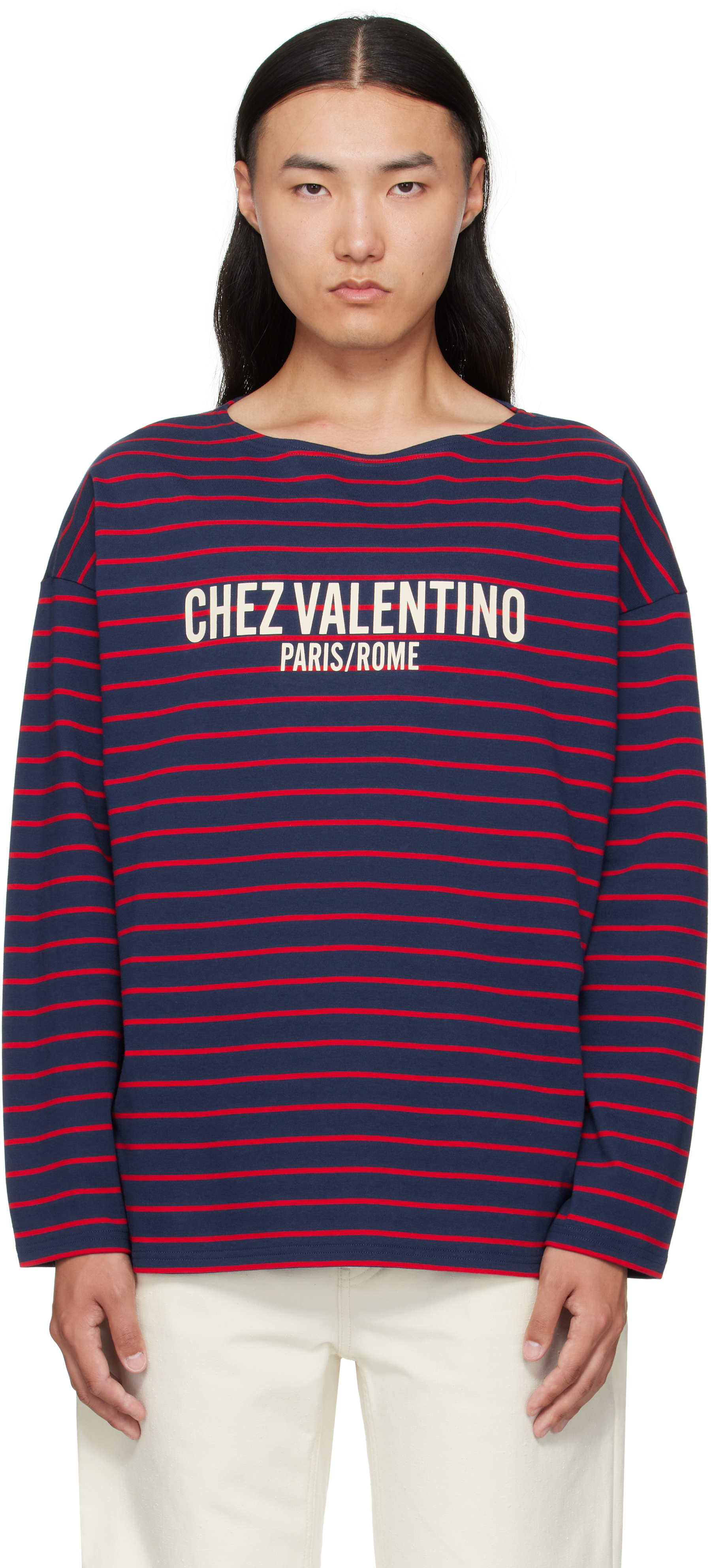 Valentino Red & Navy 'chez ' Print Long-sleeved Cotton T-shirt